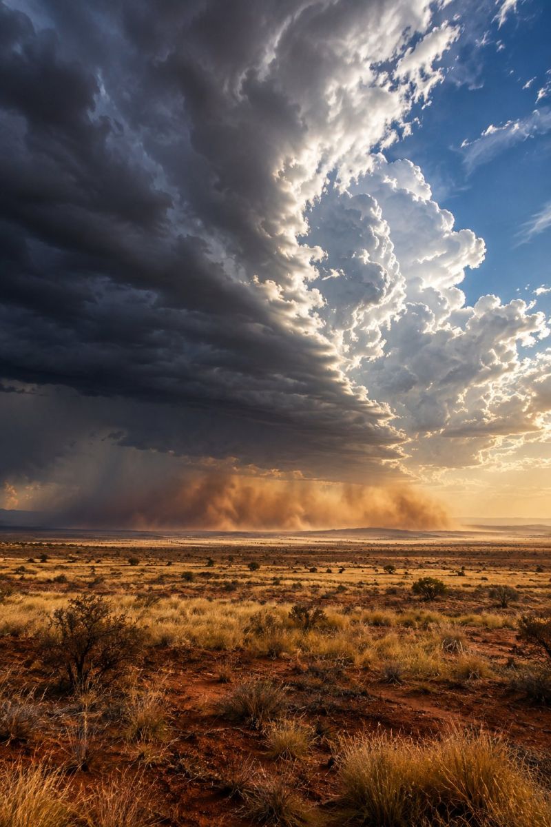 Desert sky clouds dust storm sun sunlight grass grassland horizon mountains nature outdoors sand sunset texture trees weather wind vast desert landscape under a dramatic sky. The sky is filled with dark, towering storm clouds that seem to be moving towards the viewer. The clouds are dense and heavy, casting a shadow over the desert below. The sun is partially visible, shining through the clouds and casting a warm, golden light on the desert. The desert itself is a mix of brown and yellow hues, with sparse vegetation and small bushes scattered across the sandy terrain. The ground is dry and dusty, with some areas showing signs of recent wind activity, creating small dust clouds. The overall atmosphere is one of impending storm, with the contrast between the dark clouds and the warm light creating a striking visual effect.