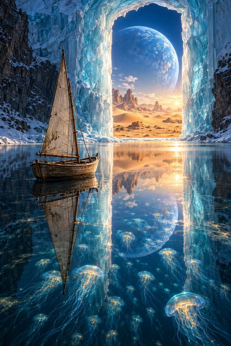 Boat water ice reflection jellyfish ocean sky planet mountain sunset desert rock snow sea nature fantasy space A small sailboat floats on a serene, clear blue body of water, with its reflection mirrored on the water's surface. The boat is positioned in front of a massive, icy blue glacier that forms a natural archway. The glacier's entrance reveals a vast desert landscape with a setting sun casting warm, orange hues across the sky. In the distance, a large planet is visible, adding to the surreal atmosphere. The water is teeming with jellyfish, their translucent bodies glowing softly in the light. The scene combines elements of nature, fantasy, and a sense of exploration.