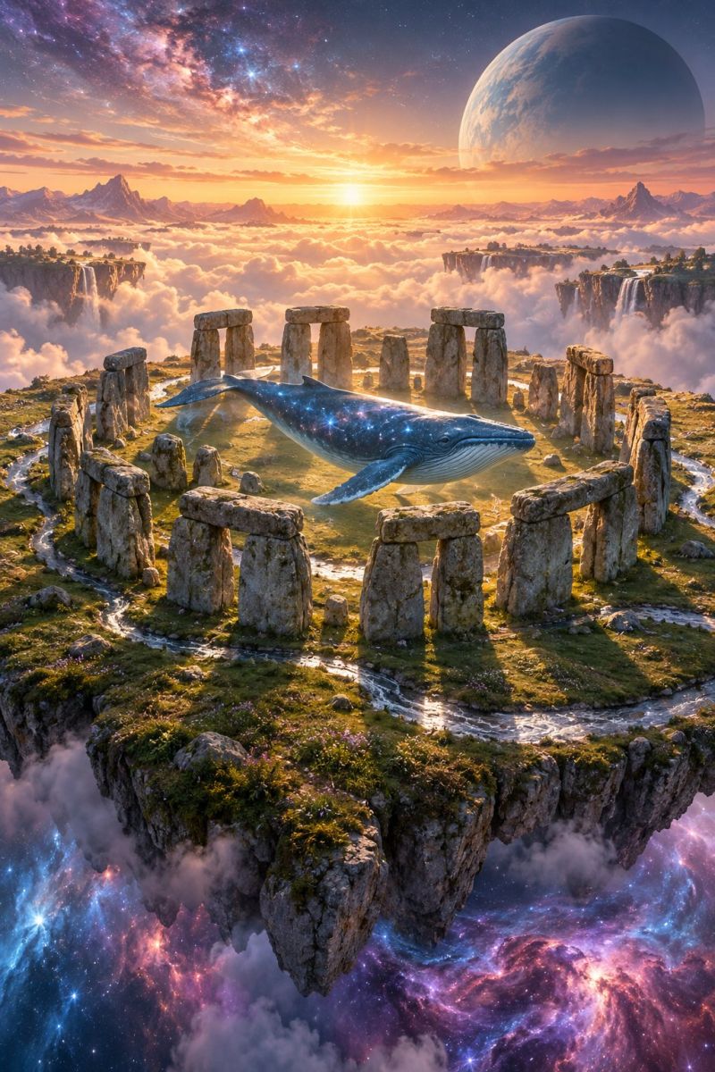Fantasy imagination dream space planet sun clouds waterfall mountains rocks stones architecture design shadow nature In the center of the image, a large blue whale floats gracefully above a circular arrangement of stone pillars, resembling Stonehenge. The scene is set against a back of a setting sun, casting warm, golden hues across the sky and clouds. The sky is a mix of orange and pink, with stars beginning to appear. In the background, a large planet or moon is visible, adding to the surreal atmosphere. The ground beneath the pillars is covered with grass and small plants, and a small stream of water meanders through the stones. The entire scene is set on a floating island, with the edges of the island dropping off into a vast, colorful nebula filled with stars and cosmic dust.