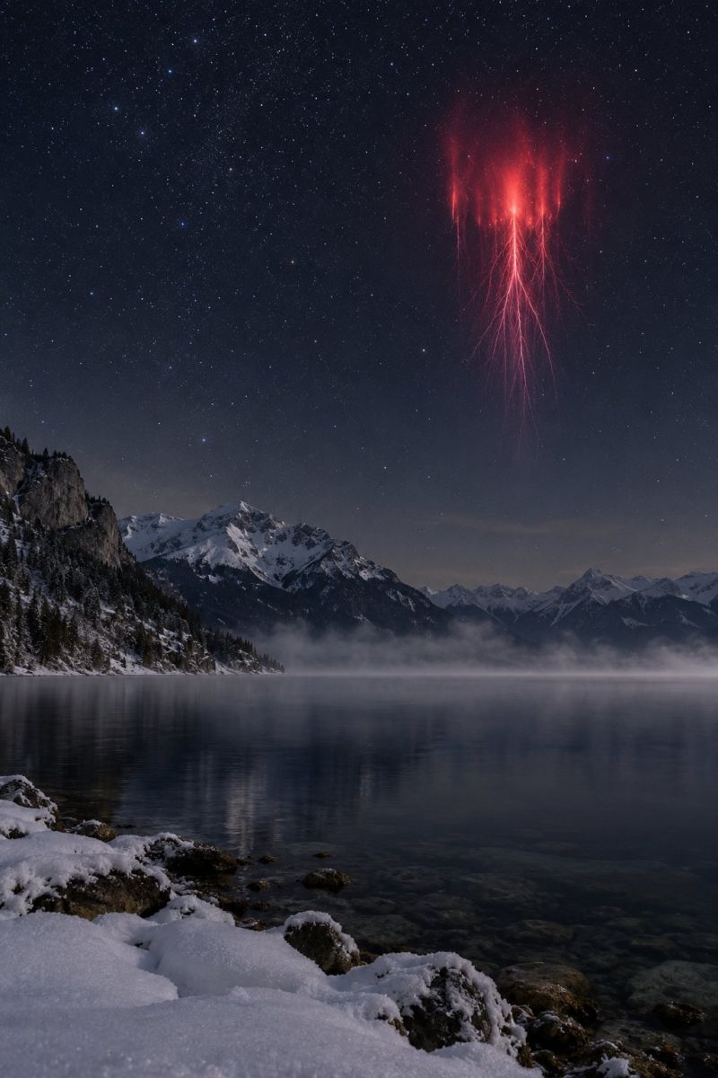 Sprite rouge dessus lac annecy image photographie magnifique prise précise montrant les méfaits sauvage des activités humaines sur la biodiversité sur la sprite rouge dessus lac d annecy