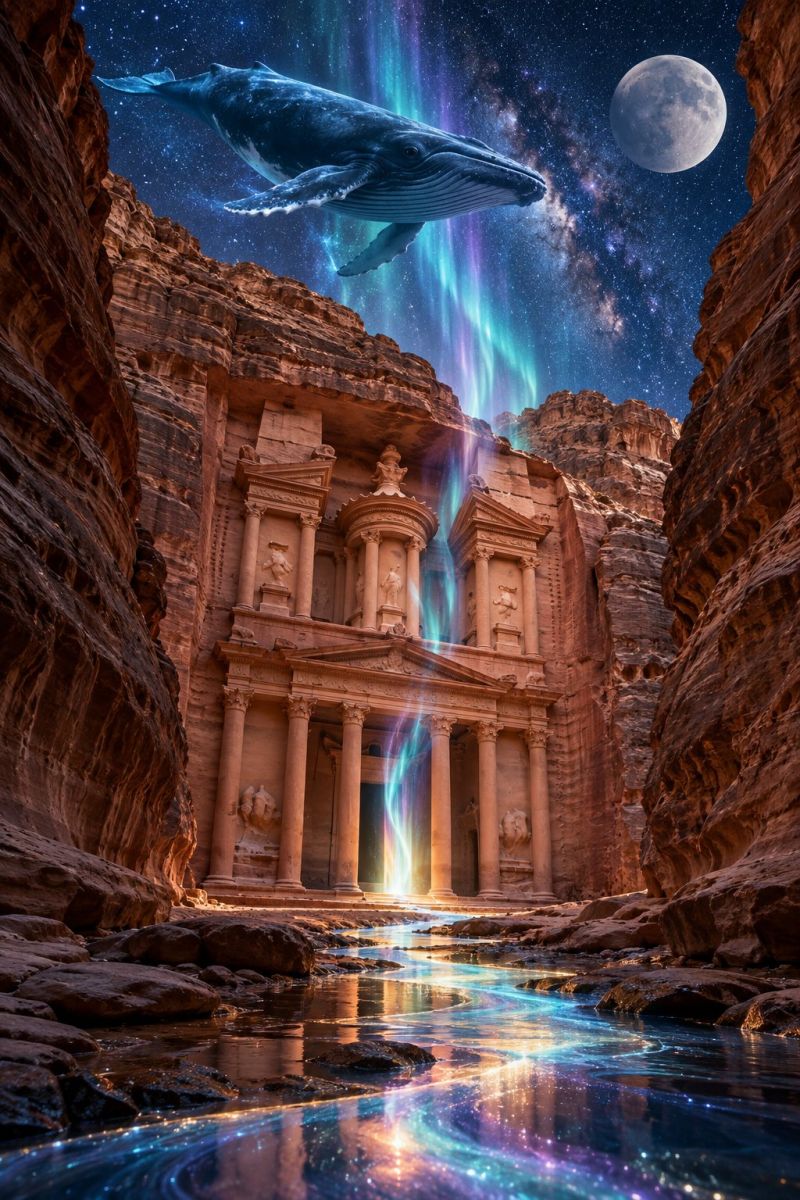 Architecture astronomy building cave city concept design drawing fantasy fiction fictional imagination magic painting In the foreground, a serene river flows through a narrow canyon, reflecting the vibrant colors of the sky. The river is illuminated with a soft, ethereal glow, creating a magical atmosphere. In the center, a majestic ancient structure, possibly a temple, stands tall with intricate carvings and columns. Above the temple, a radiant beam of light, resembling a northern light, cascades down from the sky. A large, majestic whale is depicted leaping gracefully above the temple, adding a sense of wonder and fantasy to the scene. The sky is a deep, starry expanse, with a full moon and a hint of aurora borealis adding to the mystical ambiance.