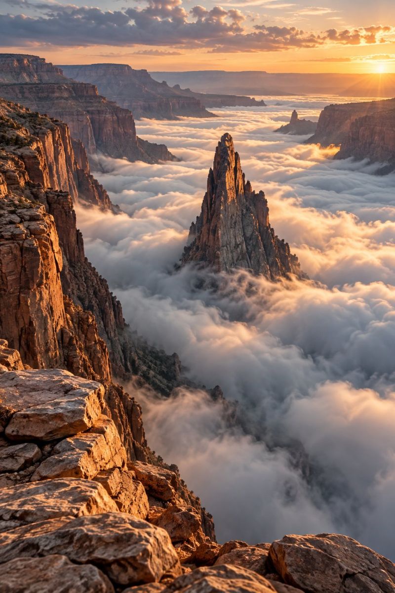 Falaise nuage nuageux campagne jour desert distance brouillard geologie colline horizon terre montagne nature rocher aerien aire repartition L'image capture un coucher de soleil à couper le souffle sur un paysage vaste et accidenté. Le soleil se couche à l'horizon et projette une lumière chaude et dorée sur la scène. Le ciel est rempli de nuages blancs duveteux illuminés par le soleil couchant, créant une atmosphère sereine et majestueuse. En contrebas, le paysage est dominé par d'imposantes formations rocheuses et des falaises, certaines zones étant recouvertes de brouillard ou de nuages de faible altitude. Le premier plan présente un affleurement rocheux aux bords irréguliers, ce qui ajoute à l'effet dramatique. La scène d'ensemble est un spectacle époustouflant de beauté naturelle, avec l'interaction de la lumière, de l'ombre et de la texture créant une vue captivante.