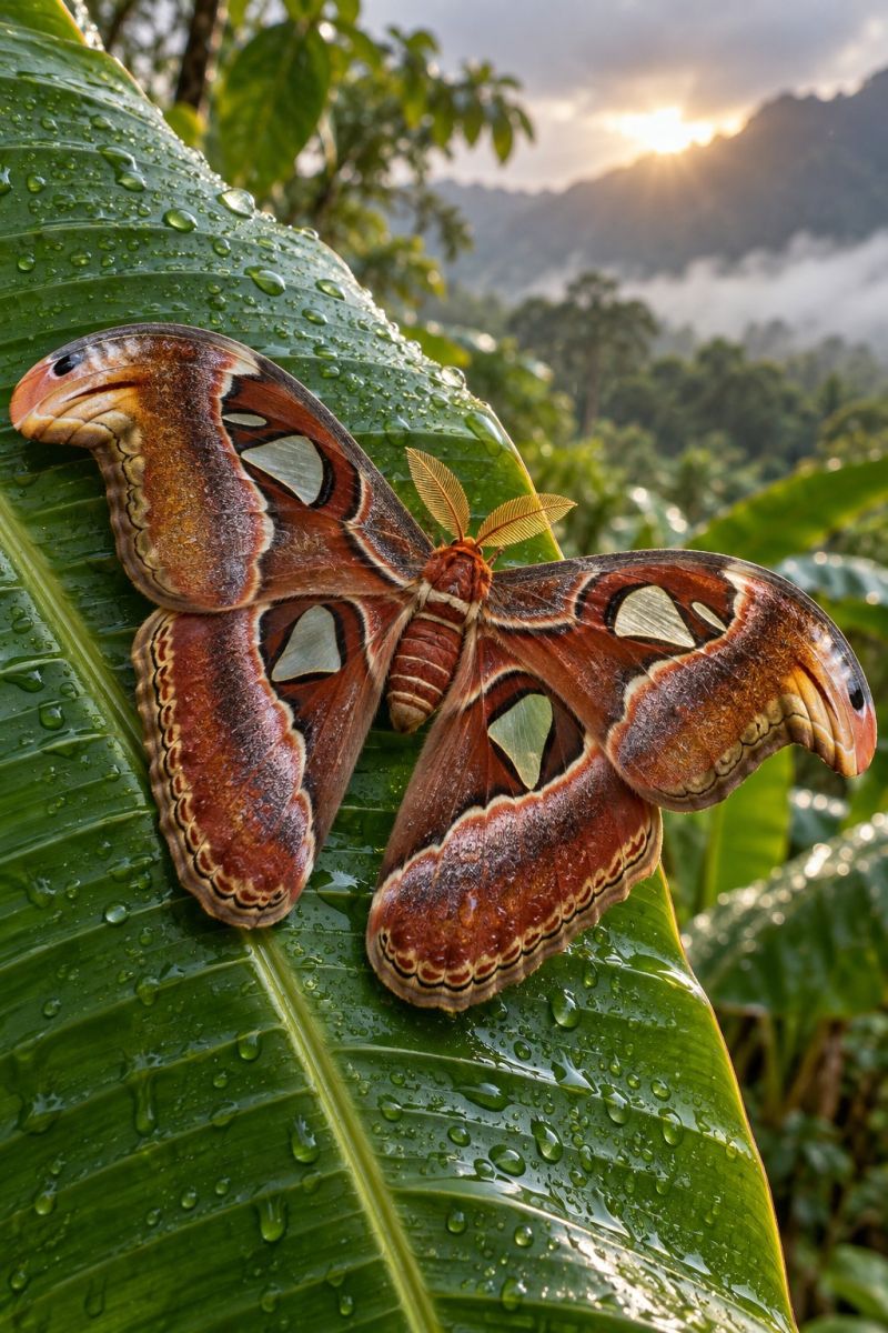 Papillon insecte nature faune macro gros jardin flore feuillage vert feuille soleil matin rosee eau montagnes brume Un grand papillon aux ailes à motifs bruns et blancs repose sur une grande feuille verte. Les ailes du papillon sont déployées et son antenne est longue et fine. La feuille est recouverte de gouttelettes d'eau et l'arrière-plan montre une forêt verdoyante avec des montagnes au loin. Le soleil se couche, projetant une lueur chaleureuse sur la scène.