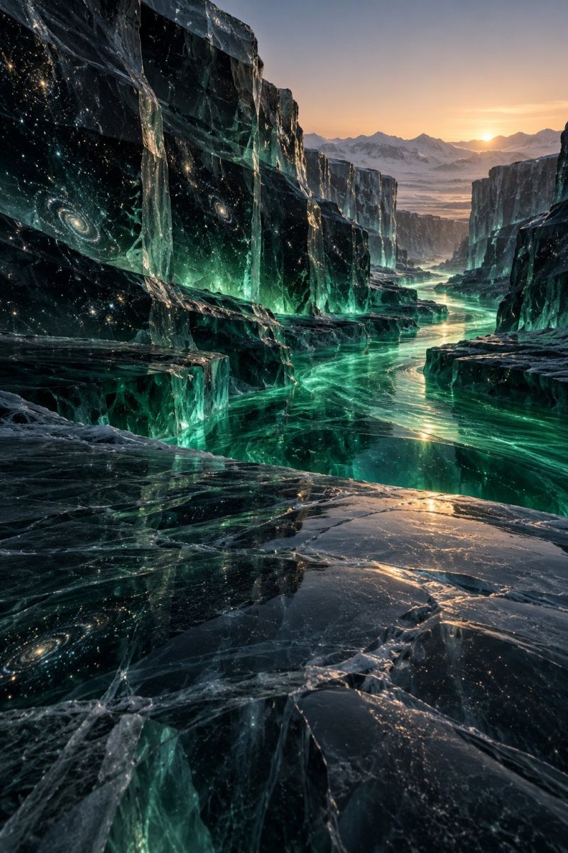 Glace eau glacier nature reflexion soleil coucher montagne roche texture cristal cristallisation cristaux paysage surréaliste dominé par d'imposantes formations de glace déchiquetées qui ressemblent à un canyon gelé. La glace est d'un vert profond et translucide, avec des motifs complexes et des veines qui la traversent, lui donnant un aspect cristallin. L'eau du canyon est également verte, reflétant la lumière du soleil couchant, visible au loin derrière les formations de glace. Le ciel au-dessus est légèrement dégradé d'orange et de rose, indiquant l'heure du coucher du soleil. En arrière-plan, des montagnes enneigées ajoutent à l'atmosphère hivernale et surnaturelle de la scène.