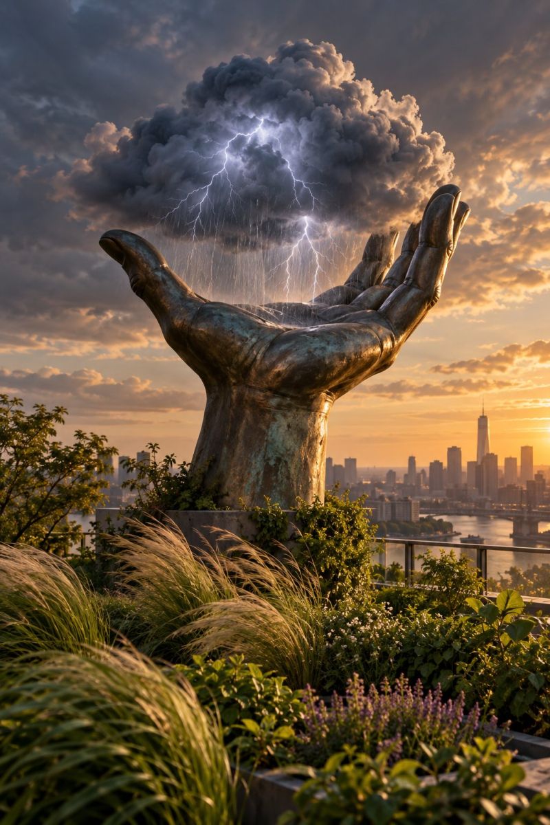 Sculpture lightning cloud hand cityscape sky sunset water rain storm nature architecture urban outdoors weather electricity power A large bronze statue of a hand is positioned in a garden, with a dramatic thunderstorm overhead. The hand is open, and a bolt of lightning strikes directly into it, creating a striking visual effect. The sky is filled with dark, stormy clouds, and the sun is setting in the background, casting a warm glow over the scene. In the distance, a cityscape is visible, with tall buildings and a river running through it. The garden is lush and green, with tall grasses and various plants surrounding the statue.
