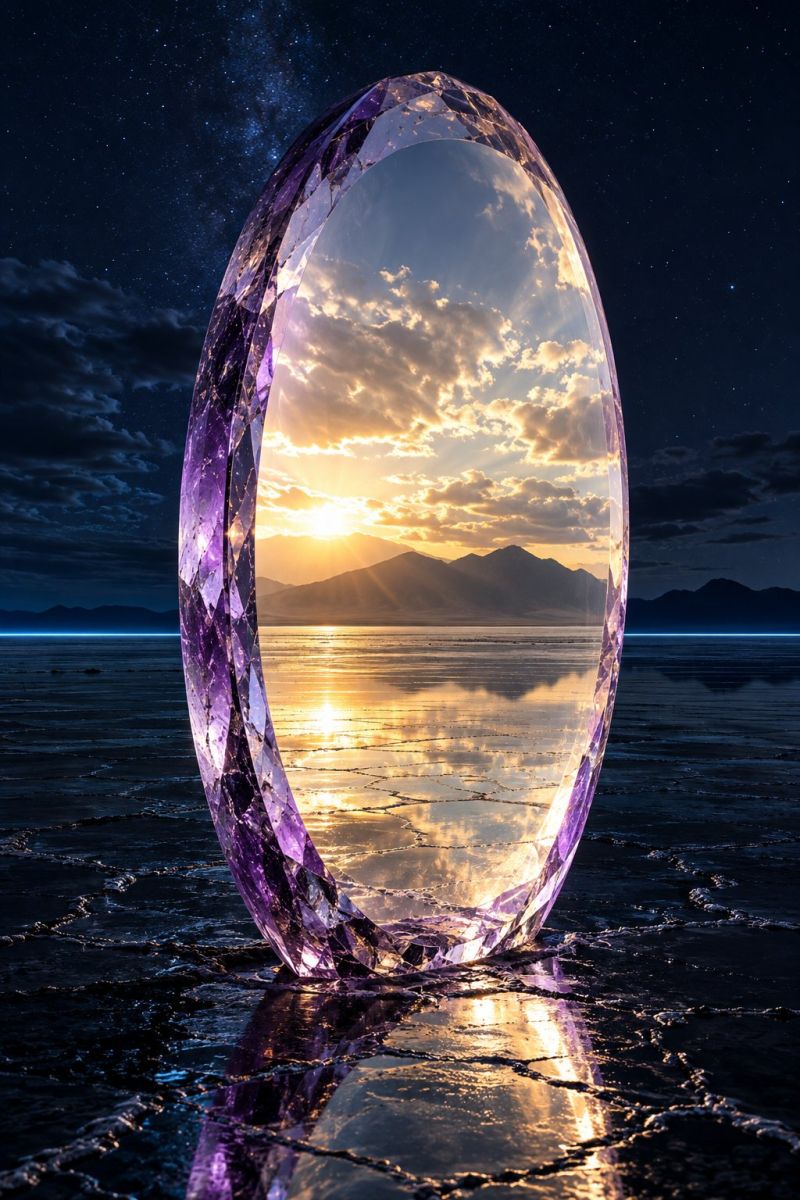Cristal pierre precieuse ovale reflet miroir coucher soleil ciel montagnes horizon eau lac glace fissures texture nuit etoiles nuages Un gros cristal de forme ovale avec une teinte violet foncé est placé sur une surface sombre et fissurée, peut-être un lac ou une mer. Le cristal reflète l'environnement environnant, notamment un coucher de soleil aux teintes chaudes et dorées et une silhouette de montagnes au loin. Le ciel au-dessus est sombre avec des étoiles éparses, et le reflet du cristal et le coucher du soleil créent une scène fascinante.