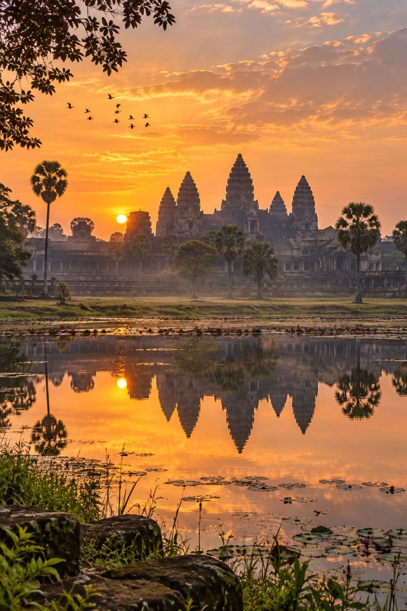 Temple sunset reflection water sky building architecture nature clouds sun grass trees birds lake mist ancient ruins palm tree The image captures the Angkor Wat temple complex in Cambodia at sunset. The temple's silhouette is prominently reflected in the water, creating a mirror image. The sky is a warm gradient of orange and pink hues, with a few birds flying in the distance. Palm trees and other vegetation surround the temple, adding to the serene and picturesque setting. The water is calm, with lily pads and reflections of the temple and sky.