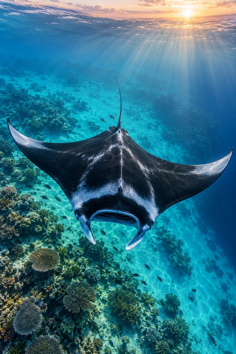 Ocean mer eau poisson soleil sous marin tropical recif coucher ciel nature faune aquatique plongee corail manta raie vie marine Une scène sous-marine met en scène une grande raie manta nageant gracieusement dans des eaux bleues claires. La raie manta a un corps large et plat avec une tête distinctive et une longue queue pointue. L'eau est remplie de récifs coralliens éclatants, aux formes et aux couleurs variées. La lumière du soleil filtre à travers l'eau, créant un magnifique jeu d'ombres et de lumières. Le ciel au-dessus est d'un orange chaud, indiquant le soleil couchant.