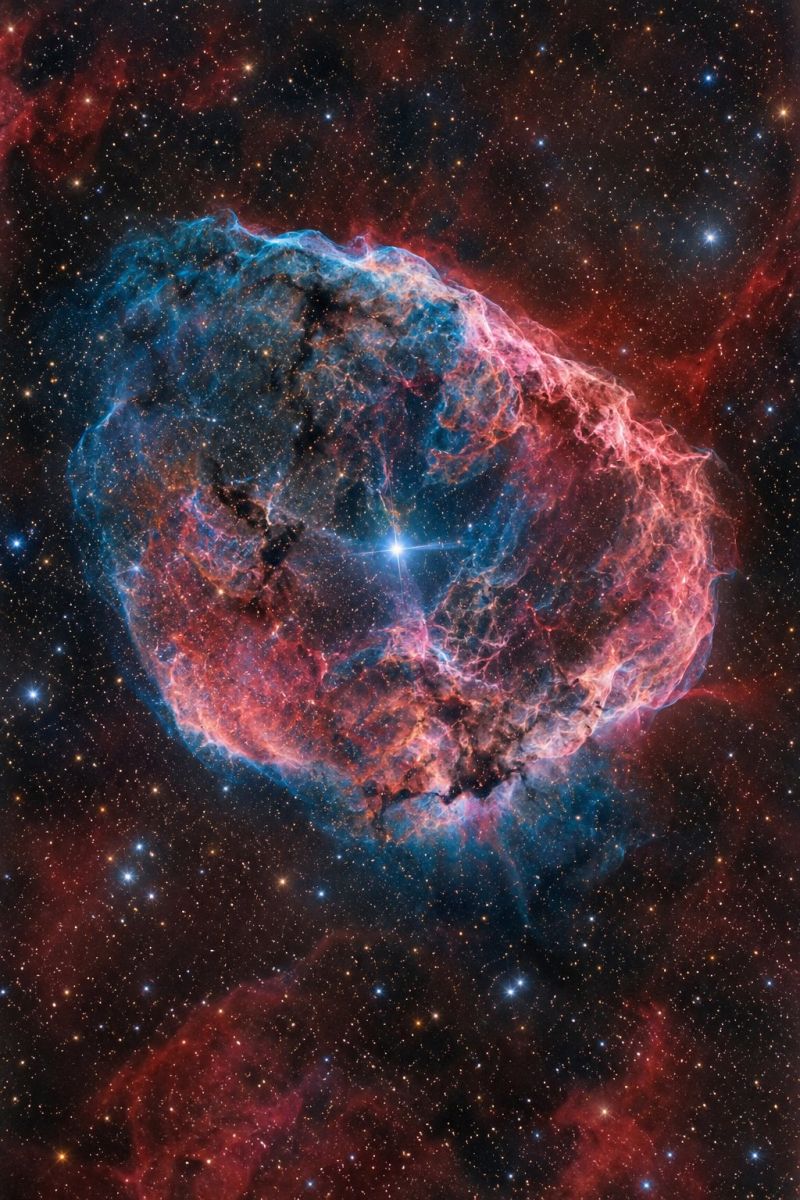 Nebula space astronomy universe star galaxy cosmic celestial cosmology astrophysics outer formation dust interstellar radiation microwave ray inflatio L'image montre une nébuleuse, un vaste nuage de gaz et de poussière dans l'espace, avec une étoile centrale en son coeur. La nébuleuse est principalement bleue et rouge, avec des structures complexes et vaporeuses qui s'étendent vers l'extérieur. L'étoile centrale est brillante et blanche, entourée d'une zone sombre qui contraste fortement avec les couleurs vives de la nébuleuse. L'arrière-plan est rempli de nombreuses étoiles de tailles et de luminosités variables, ce qui ajoute à la beauté cosmique de la scène. La composition générale est dynamique, les structures de la nébuleuse semblant s'écouler et tourbillonner, créant une sensation de mouvement et de profondeur