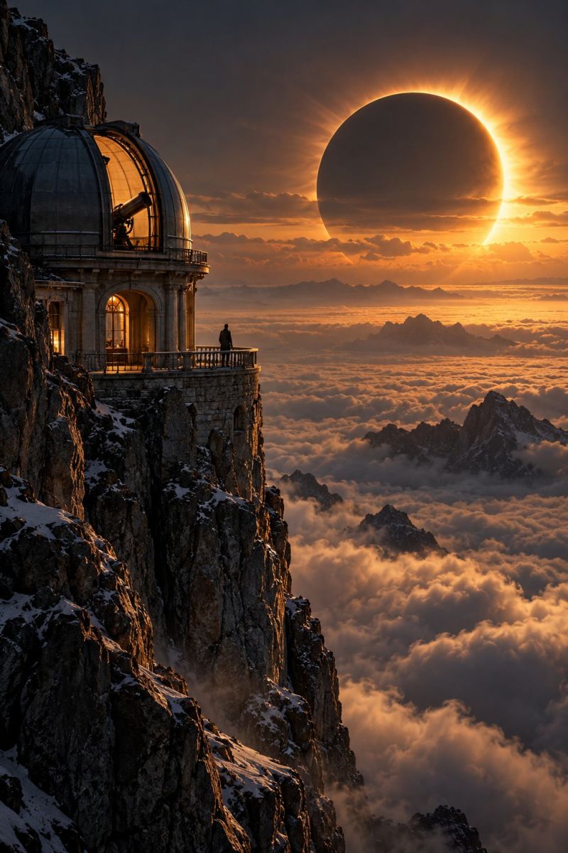 Astronomie observatoire telescope montagne soleil eclipse ciel nuages coucher nature science exploration aventure espace cosmologie observation etoile Une personne se tient sur le balcon d'un grand observatoire perché sur une falaise, surplombant une vaste étendue de nuages en contrebas. L'observatoire possède un grand dôme avec un télescope à l'intérieur, et le bâtiment est illuminé par une lumière chaude et dorée. Le soleil se couche ou se lève, projetant une lueur spectaculaire sur les nuages et les montagnes environnantes. Le ciel est orange foncé et rose, avec la silhouette d'une planète ou d'une lune bloquant partiellement le soleil, créant un effet visuel époustouflant.