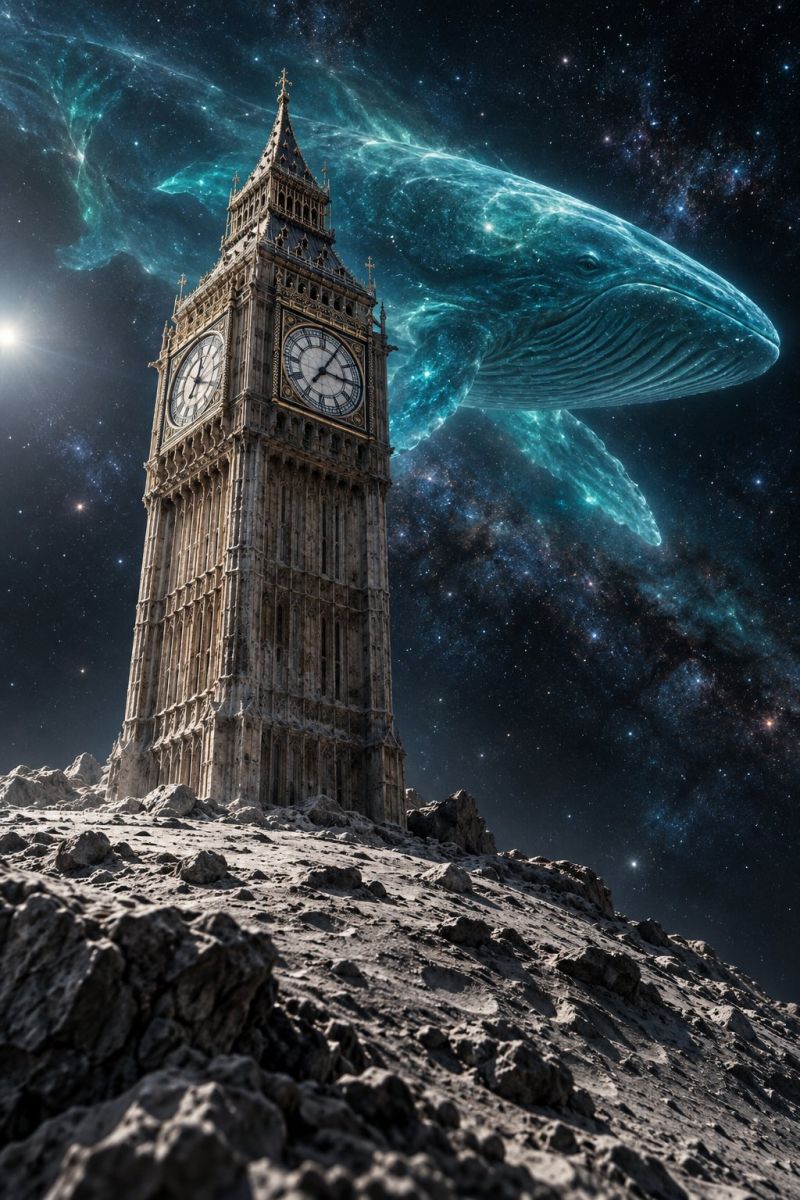 Architecture fantasy whale space stars moon london imagination surrealism dreamlike cosmic celestial clock tower night sky big ben outer surreal scene with the iconic Big Ben clock tower standing prominently on a rocky surface, possibly on the moon. The clock tower is depicted in a realistic style, with its four clock faces clearly visible. Above the tower, a large, glowing whale is floating, its body illuminated by a soft, ethereal light. The background is a dark, starry sky filled with countless stars and a faint, glowing nebula. The scene is bathed in a soft, otherworldly light, creating a dreamlike atmosphere.