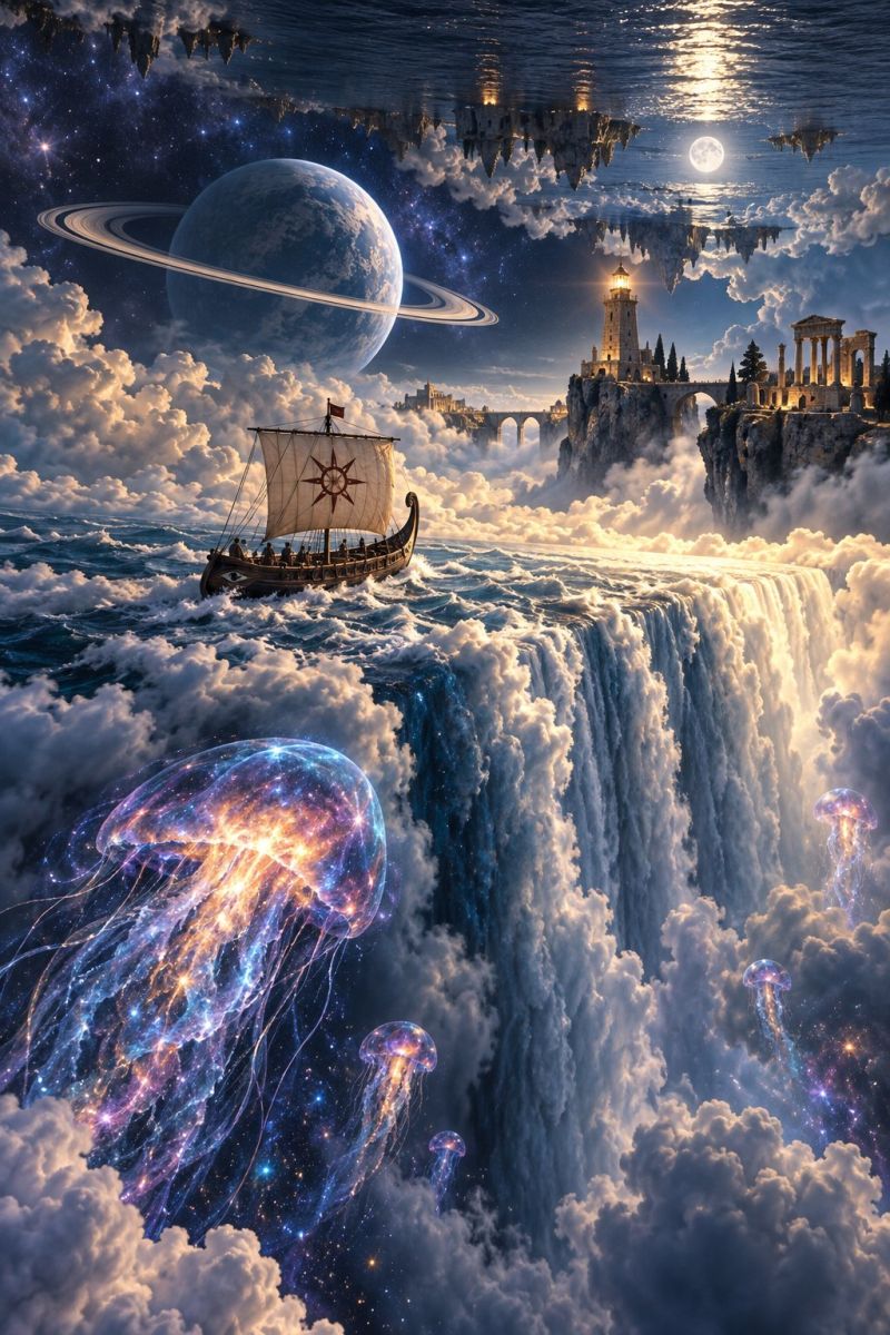 Space ship water cloud In the foreground, a large, glowing jellyfish floats amidst the clouds, its translucent body shimmering with hues of blue and purple. Below it, a Viking ship with a white sail and a red flag sails through the clouds, heading towards a massive waterfall cascading into a deep abyss. The waterfall is surrounded by clouds, creating a dramatic and ethereal scene. In the background, a full moon illuminates the sky, and a large planet with rings orbits it. On the right, a castle with a lighthouse perched on top stands on a cliff, overlooking the vast, cloud-filled landscape.