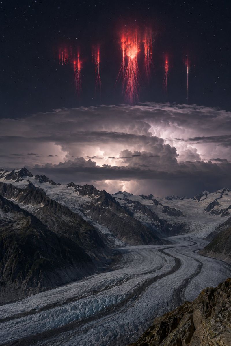 Sprites rouges dessus glacier aletsch image accurate picture amazing demonstrating the mischiefs wild of human activities on la sprites rouges dessus glacier d aletsch