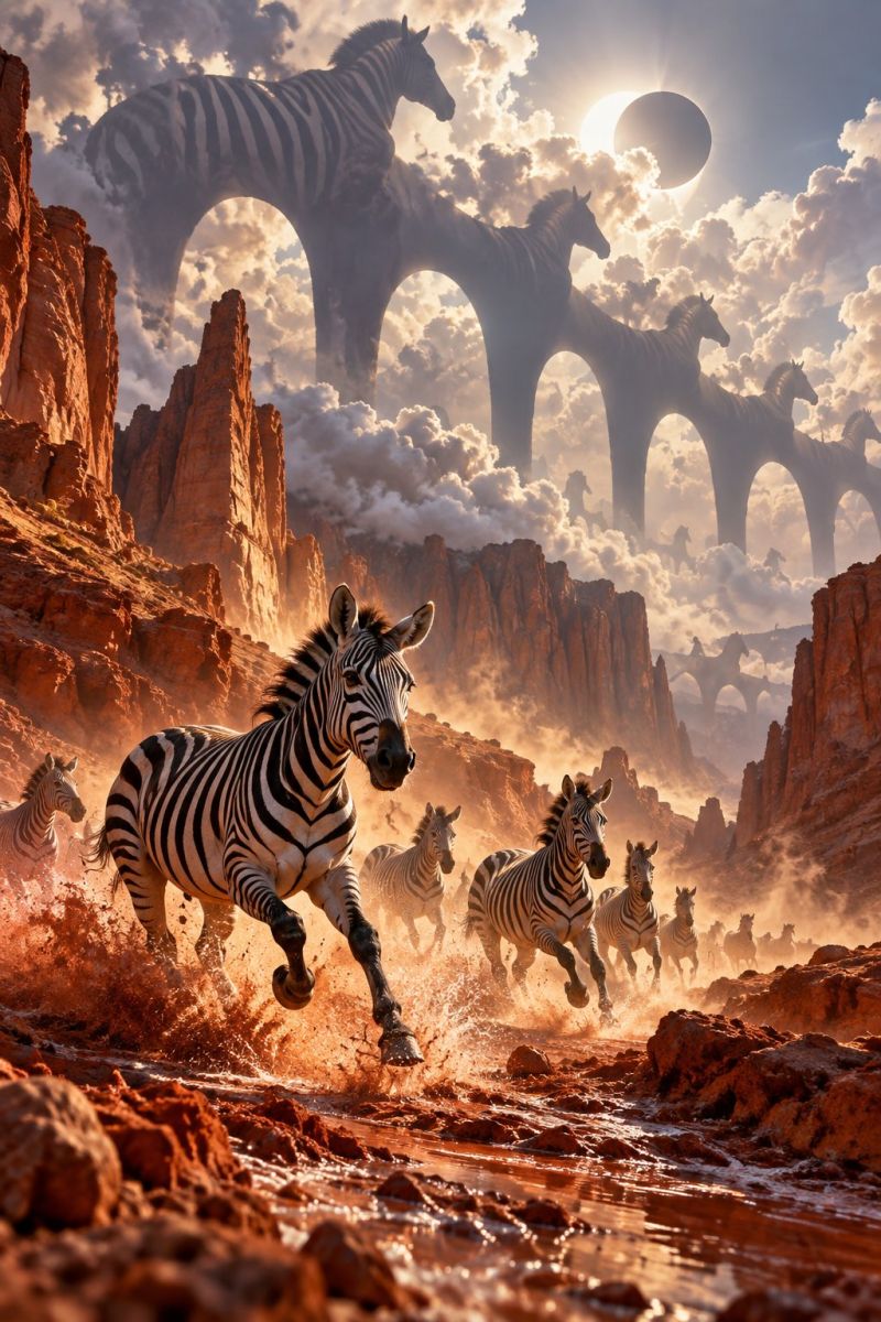 Zebre desert sauvage animal faune nature course pied troupeau soleil nuage rocher montagne ciel poussiere eau riviere ruisseau Au premier plan, un troupeau de zèbres traverse le lit d'une rivière boueuse, leurs sabots éclaboussant de l'eau. Les zèbres sont noirs et blancs avec des rayures distinctives. L'arrière-plan présente un paysage rocheux avec une série d'arches, probablement des ruines, se fondant dans le ciel. Le ciel est partiellement nuageux avec un soleil éclatant et une grande lune noire au loin, créant un contraste saisissant. La scène d'ensemble se déroule dans un environnement désertique avec une qualité surréaliste, presque onirique.