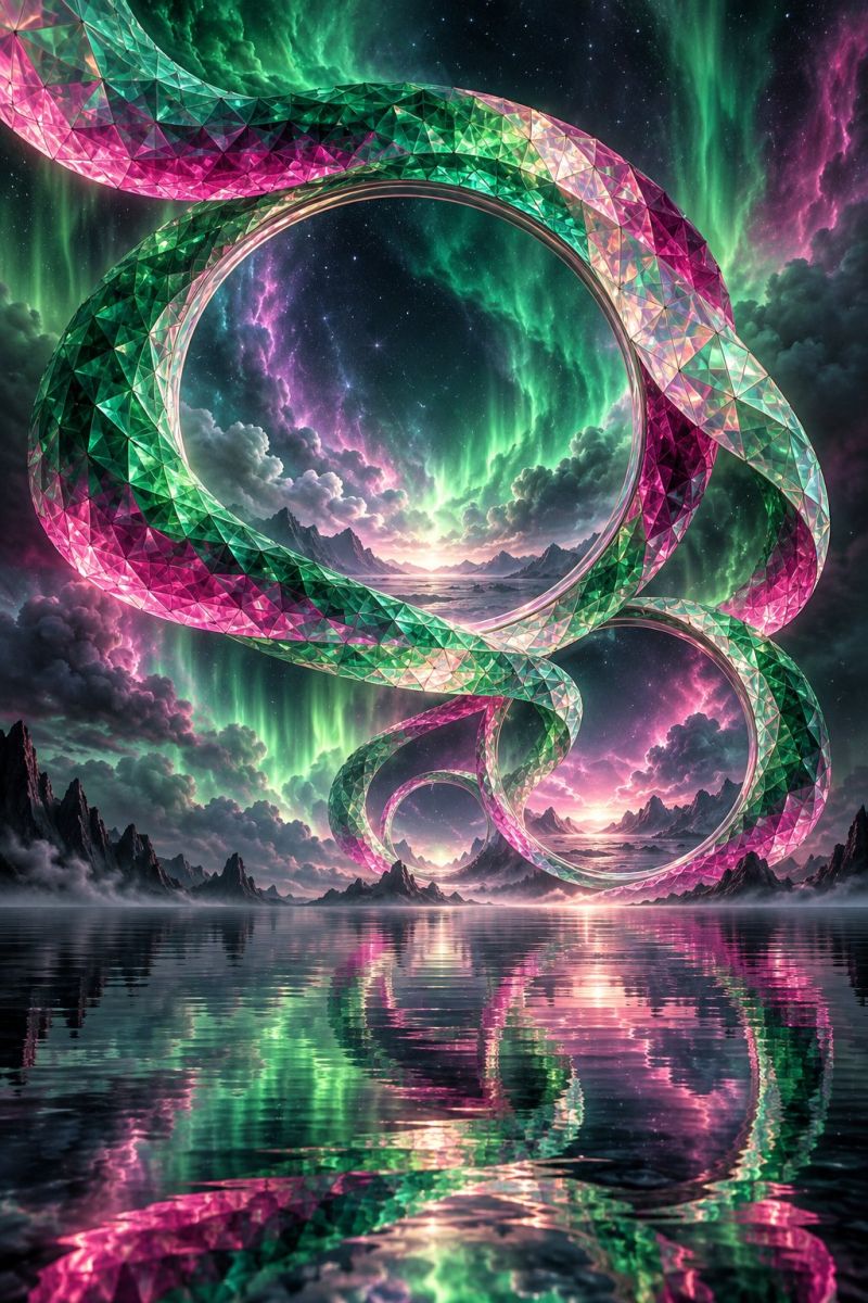 Clouds colorful concept design fantasy geometric glow green imagination mountains night reflection sky water large, intricate, multicolored spiral structure composed of geometric shapes, primarily in shades of pink, green, and purple. The spiral is set against a back of a night sky filled with vibrant auroras in greens and purples, with clouds and distant mountains visible. The spiral reflects on a calm body of water below, creating a mirrored effect. The scene is surreal and otherworldly, with a sense of movement and depth.