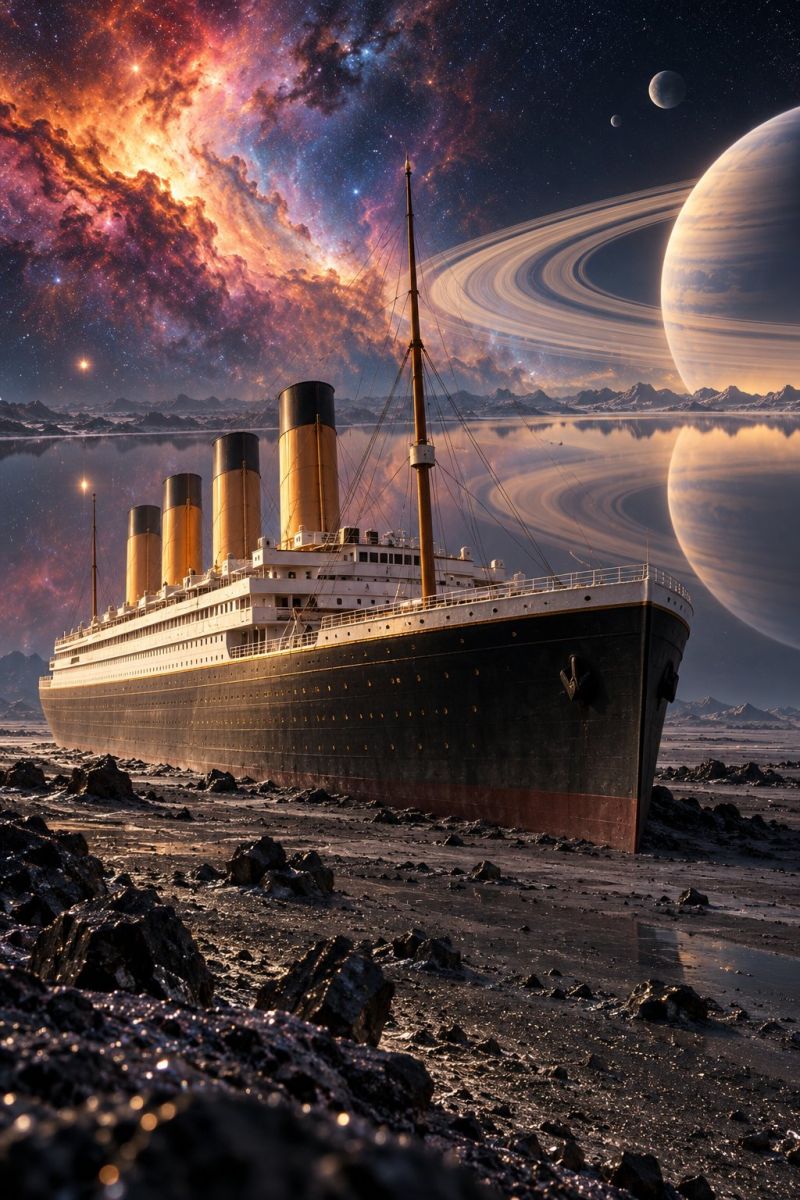 Navire ocean espace planete univers ciel etoile roche eau reflexion nuit obscurite nuage coucher soleil montagne colline mer rochers L'image montre le RMS Titanic, un célèbre paquebot, échoué sur un rivage rocheux. Le navire est représenté dans un décor surréaliste avec un ciel coloré et vibrant rempli de nuages tourbillonnants et de galaxies lointaines. Quatre grands entonnoirs peints en jaune s'élèvent du pont du navire et la proue du navire fait face au spectateur. La coque du Titanic est peinte en noir avec une bande blanche et semble reposer sur le sol. À l'arrière-plan, il y a deux grandes planètes, l'une avec des anneaux visibles, et quelques étoiles éparpillées dans le ciel. La scène globale combine des éléments de l'histoire maritime avec une toile de fond fantastique et surnaturelle.
