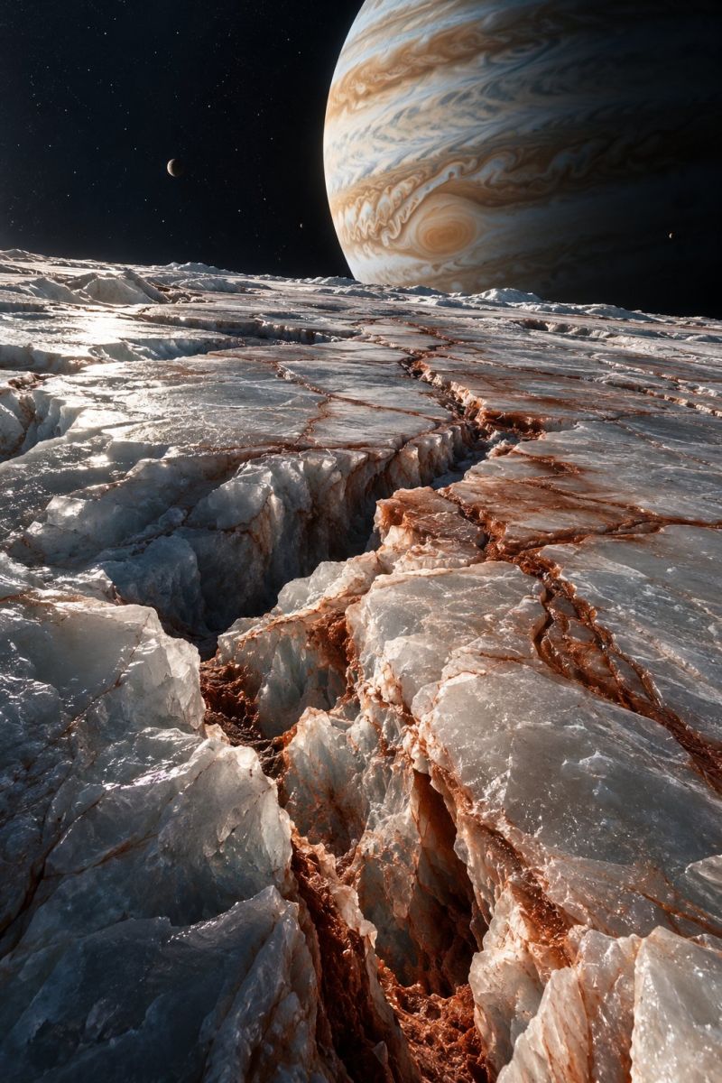 Planet space jupiter moon ice rock crack surface atmosphere gas giant storm belt red brown gray cracked fractured geology vast, icy landscape with a large crack running through it. The crack is filled with reddish-brown material, possibly minerals or soil. The surface is covered in jagged ice formations, some of which are partially melted, showing a mix of white and gray hues. In the background, a large planet, likely Jupiter, is visible with its iconic swirling clouds and bands of color. The sky is dark, with a few distant stars and a small moon visible. The overall scene is set against the back of space, with the planet's atmosphere casting a soft glow on the icy terrain.
