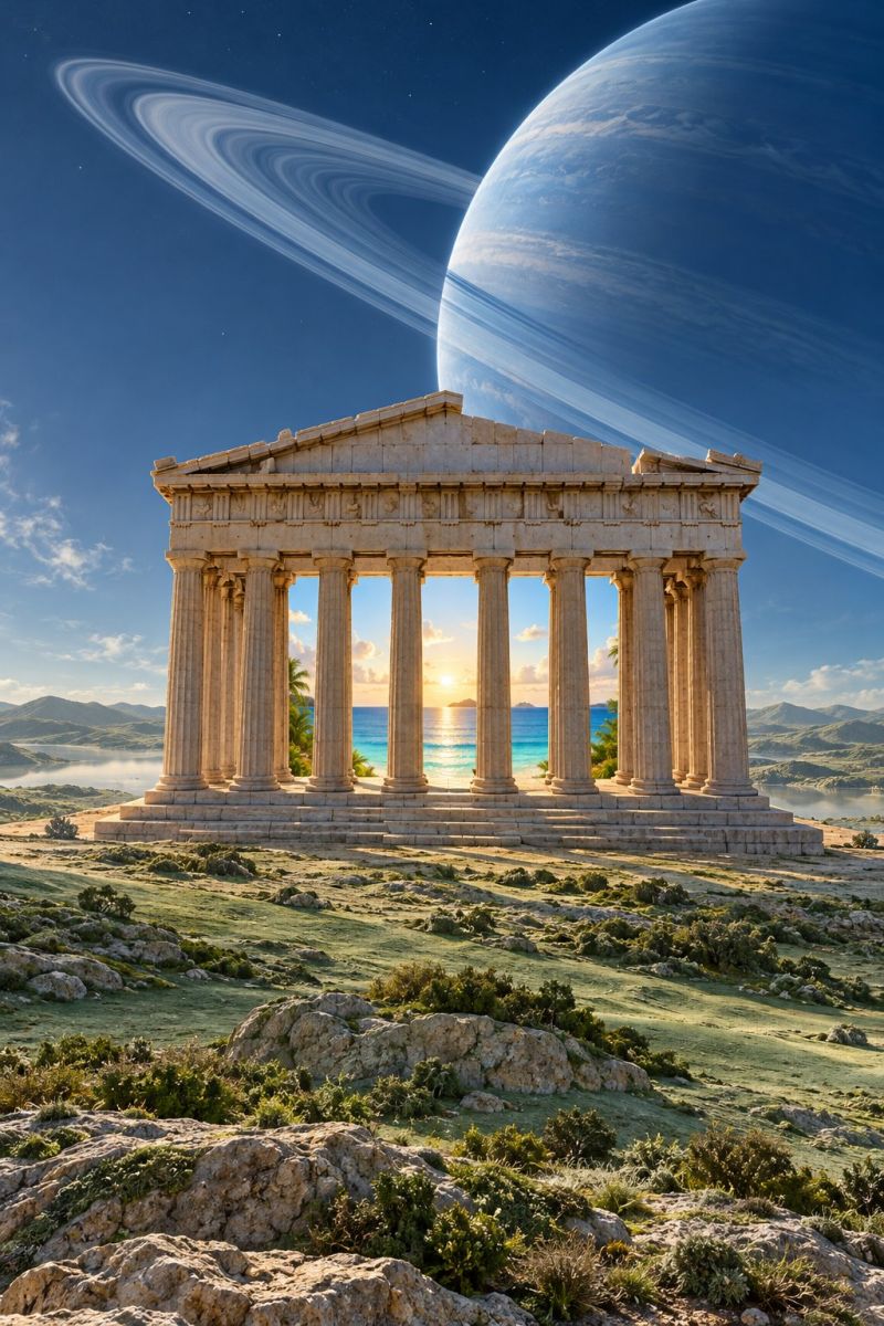 Ancien architecture astronomie plage batiment classique grec temple Un ancien temple grec se dresse sur une colline rocheuse, avec ses colonnes et son fronton orientés vers le spectateur. Derrière le temple, une vaste planète avec des anneaux est visible dans le ciel, créant une scène surréaliste et surnaturelle. L'ombre du temple tombe sur le sol et le ciel est un mélange de nuages bleus et blancs. Au loin, une mer sereine se profile à l'horizon, tandis que le soleil couchant diffuse une lueur chaleureuse sur le paysage. Le premier plan est parsemé de petites plantes et de rochers, ce qui ajoute à la beauté naturelle de la scène.