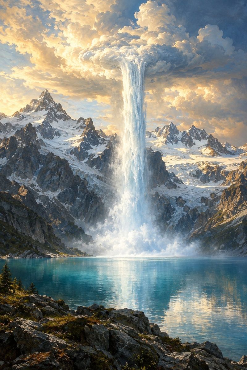 Mountain waterfall lake sky cloud rock snow reflection water nature outdoors scenery sunlight mist fog spray range A majestic waterfall cascades from a rocky cliff into a serene lake, surrounded by snow-capped mountains under a dramatic sky filled with clouds. The water splashes into the lake, creating ripples that reflect the sky and clouds. The mountains are rugged and covered in snow, with some areas showing patches of green vegetation. The scene is set during a sunset, with warm golden hues illuminating the landscape.