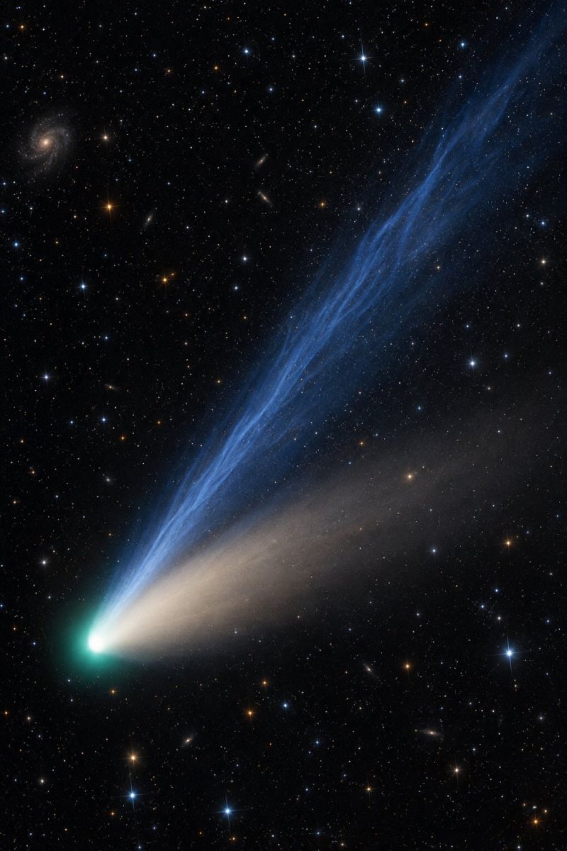 Espace astronomie comete queue etoiles galaxies cosmique celeste univers obscurite luminosite lueur nebuleuse cosmologie astrophysique exploration obs comète dans le ciel nocturne, avec un noyau vert vif et une longue queue vaporeuse s'étendant vers la droite. La comète est entourée d'un fond sombre et étoilé, avec de nombreuses étoiles et galaxies visibles au loin. La queue de la comète semble être composée de gaz et de poussière, illuminée par la lumière du noyau de la comète. L'image montre également une galaxie spirale dans le coin supérieur gauche, avec un noyau brillant et une région externe faible et diffuse.