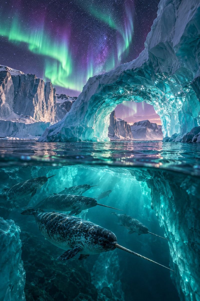 Narvals sous marins iceberg celestes glaciaires geles zero exploration aventure nature aurores boreales nordiques glace grotte polaire region marin un groupe de narvals nage gracieusement dans un océan bleu profond et glacé sous un vaste tunnel de glace voûté. Le tunnel est illuminé par la douce lueur des aurores boréales, projetant une lumière verte et violette magique sur la scène. Les narvals, avec leurs longues défenses spiralées caractéristiques, nagent en ligne, leur corps est élégant et épuré. L'eau est claire, ce qui permet de voir le fond rocheux de l'océan et les parois de glace du tunnel. Au-dessus de l'eau, le ciel est d'un violet profond, parsemé d'étoiles et des couleurs éclatantes des aurores boréales. Au loin, la silhouette d'un glacier est visible, ce qui ajoute à l'atmosphère sereine et surnaturelle de la scène.