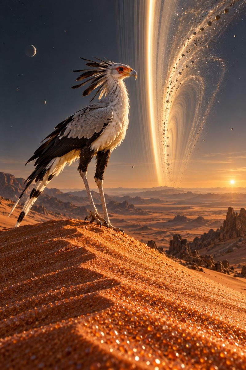 Aigle desert sable ciel soleil montagne rocher faune nature oiseau animal horizon nuages lever coucher espace galaxie planete Un grand oiseau avec une tête huppée et un mélange de plumes blanches et noires se dresse sur une dune de sable. L'oiseau a un long bec et des yeux oranges. L'arrière-plan présente un paysage désertique avec des collines rocheuses et un soleil couchant. Le ciel est bleu foncé avec une galaxie brillante et brillante dans le coin supérieur droit, entourée d'étoiles et de planètes. La galaxie a une forme de spirale avec un centre brillant et un bord extérieur sombre.
