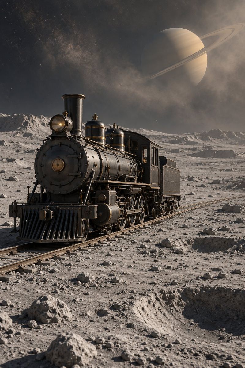 Train steam locomotive railway space planet moon night sky stars rings saturn science fiction imagination exploration technology future An old-fashioned steam locomotive is traveling on a track in a desert-like landscape. The train is black with gold accents and has a large, round headlight at the front. The train is surrounded by a barren, rocky terrain with scattered stones. In the background, there is a large planet with a ring system, possibly Saturn, and a starry sky. The sky is dark, with a few clouds and a hint of light from the planet.