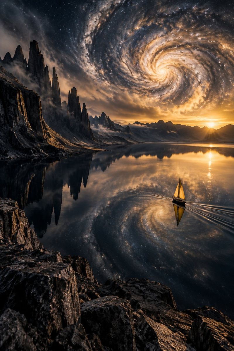 Bateau eau lac montagne ciel reflet coucher soleil nuage rocher mer horizon nature voyage aventure air Une scène sereine met en scène un petit voilier planant sur un lac calme. Le lac est entouré de falaises rocheuses abruptes qui se reflètent dans l'eau. Le ciel au-dessus est un mélange époustouflant de teintes orange et rose, suggérant un lever ou un coucher de soleil. En arrière-plan, un spectaculaire effet de galaxie tourbillonnant ajoute une touche d'émerveillement cosmique au paysage. La scène est paisible et pittoresque, le bateau se déplaçant doucement sur l'eau, créant des ondulations qui reflètent les couleurs du ciel.