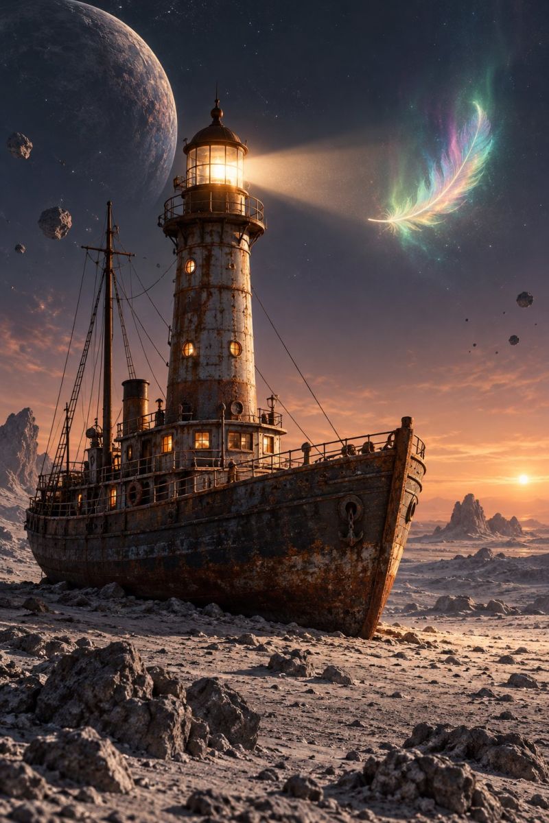 Ship lighthouse shipwreck An old, weathered ship rests on a sandy shore, with a lighthouse on its bow. The ship is rusted and appears abandoned. The lighthouse is lit, casting a warm glow. A colorful feather floats in the air near the lighthouse. In the background, a large planet and several smaller rocks are visible against a dark sky. The sky is a mix of orange and blue hues, suggesting either dawn or dusk.