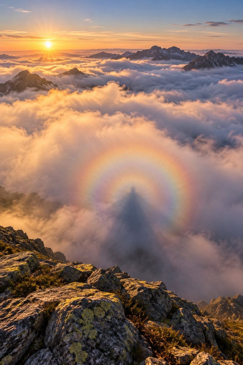 Mountains sunset rainbow clouds sky nature horizon rocks grass shadow sun fog mist hills valley peaks atmosphere cloud cover The image captures a breathtaking sunset over a mountainous landscape. The sun is setting on the horizon, casting a warm, golden light across the sky and the clouds below. The clouds are thick and puffy, creating a dramatic and textured backdrop. A large, vivid rainbow arches across the sky, its colors blending seamlessly into the clouds. The foreground features rugged, rocky terrain with patches of grass and small plants. In the distance, a range of mountains is visible, their peaks partially obscured by the clouds. The overall scene is serene and majestic, with the interplay of light and shadow adding depth and dimension.