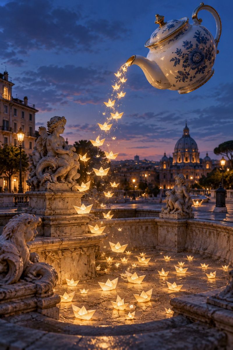 Fountain night city water lamp building sky statue decoration bridge architecture sculpture street reflection cloud evening dark temple A teapot is pouring out paper boats that are floating in the water. The paper boats are lit up, creating a warm and magical atmosphere. The fountain is surrounded by statues and is located in a city with buildings and a dome-shaped structure in the distance. The sky is cloudy, and there are streetlights and trees in the area.