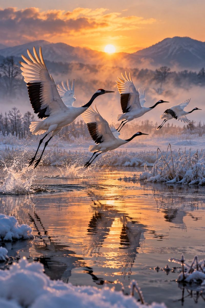 Oiseaux grues vol eau coucher soleil montagnes neige reflet nature faune ciel nuages arbres zones humides habitat migration conservation Quatre grues blanches avec des plumes noires sur les ailes et la queue survolent un plan d'eau, probablement une rivière, les pattes écartées. L'eau reflète la lumière chaude et dorée du soleil couchant, partiellement cachée derrière les nuages. La région est entourée d'un sol enneigé et d'arbres, avec des montagnes au loin. Le ciel est un mélange de teintes orange et rose, créant une scène sereine et pittoresque.