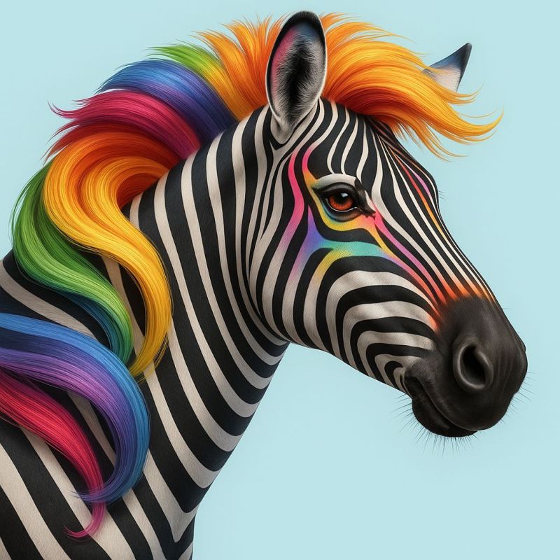 Zebre arc ciel cheveux animal oeil mode beaute imagination fantaisie moderne creatif unique gens Zèbre avec une crinière vibrante et multicolore qui s'écoule le long de son cou. La crinière comprend des nuances de rouge, orange, jaune, vert, bleu et rose, créant un effet arc-en-ciel. Le visage du zèbre est peint de rayures colorées qui se fondent dans la crinière, et ses yeux sont grands et expressifs, avec une touche de couleurs arc-en-ciel autour d'eux. Le corps du zèbre est couvert de rayures traditionnelles noires et blanches, et il se dresse sur un fond bleu clair. L'effet global est ludique et coloré, mettant l'accent sur l'apparence unique et accrocheuse du zèbre.