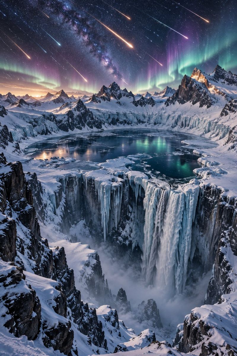 Montagnes lac cascade glace neige roche ciel nuit aurore meteore etoiles reflet hiver froid givre brouillard brume paysage hivernal à couper le souffle avec une cascade dévalant une falaise rocheuse, entourée de montagnes enneigées. La cascade est partiellement gelée et des glaçons pendent de ses bords. Le ciel au-dessus est d'un bleu foncé profond, parsemé d'étoiles et illuminé par les couleurs vives des aurores boréales, qui s'étendent dans le ciel dans des tons de vert, de violet et de rose. Les aurores illuminent le sol enneigé et l'eau, créant une atmosphère magique et éthérée. La scène se déroule dans une nature sauvage isolée et intacte, sans aucun signe de présence humaine.