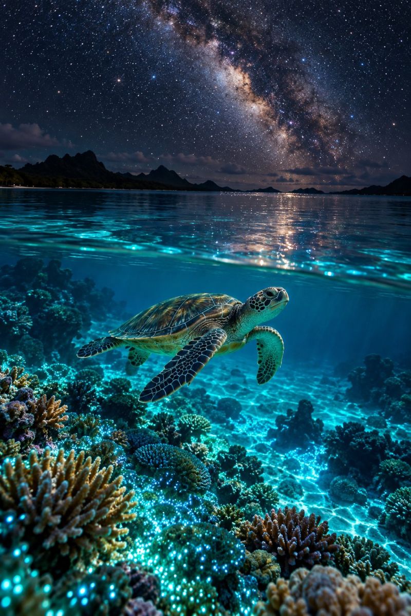 Sous marin etoiles ocean faune nature bioluminescence exploration conservation aquatique ecosysteme biodiversite habitat mer tortue corail recif vie Une tortue de mer nage gracieusement dans l'océan sous un ciel étoilé. La carapace de la tortue est un mélange de brun et de vert, et elle a une expression sereine. L'eau est claire et dévoile des récifs coralliens éclatants en contrebas. Le fond de l'océan est parsemé de divers coraux, dont certains brillent faiblement. En arrière-plan, la Voie lactée s'étend dans le ciel et d'innombrables étoiles scintillent. L'horizon est bordé de silhouettes de montagnes, ce qui ajoute à l'atmosphère sereine et majestueuse.