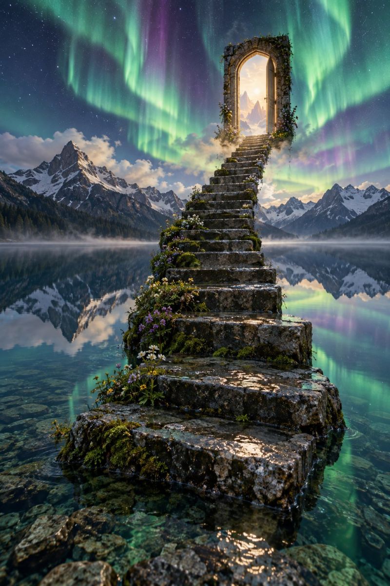 Fantaisie escalier lac montagnes reflexion etoiles nuages vert violet eau rochers plantes fleurs arbres neige brouillard aurore boreale nordique nuit Une scène surréaliste présente un escalier de pierre émergeant d'un lac, menant à une porte en pierre cintrée ornée de mousse et de fleurs. La porte est encadrée par de vibrantes aurores vertes et violettes dans le ciel, avec une chaîne de montagnes en arrière-plan reflétée dans l'eau. Le ciel est rempli d'étoiles, et les aurores créent une atmosphère magique et irréelle.