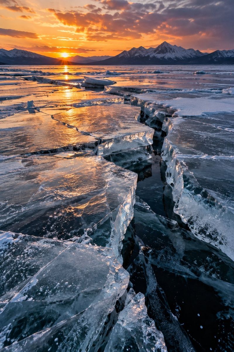 Sunset lake ice water sky reflection mountains horizon clouds nature winter cold freezing cracks fractured glacier iceberg polar frozen serene and expansive frozen lake at sunset. The sky is awash with warm hues of orange and pink, transitioning into deeper blues as the sun sets. The sun is partially obscured by clouds, casting a soft, golden light across the icy surface. The lake is covered in a thick layer of ice, with numerous large ice blocks scattered across the water. Some of these ice blocks are broken and jagged, while others are smooth and reflective. The ice reflects the colors of the sky, creating a mesmerizing interplay of light and shadow. In the background, a range of snow-capped mountains stands tall, their peaks silhouetted against the vibrant sky. The overall scene is tranquil and majestic, capturing the beauty of nature in winter.