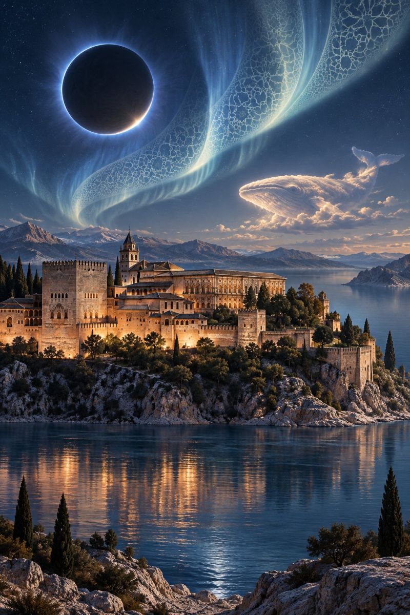 Castle building architecture sky night water mountain rock tree reflection sea cloud sun dark space astronomy grand castle perched on a rocky cliff overlooking a serene body of water. The castle is illuminated by warm, golden lights, casting a soft glow on its stone walls and towers. In the foreground, the castle's architecture is detailed with intricate designs and battlements. The water below is calm and reflects the lights from the castle, creating a mirror-like effect. In the sky, there is a dramatic scene with a large, dark planet partially eclipsed by a ring of light, resembling a solar eclipse. Above the castle, a majestic whale is depicted in the sky, adding a fantastical element to the scene. The background features a mountainous landscape with a clear, starry sky.