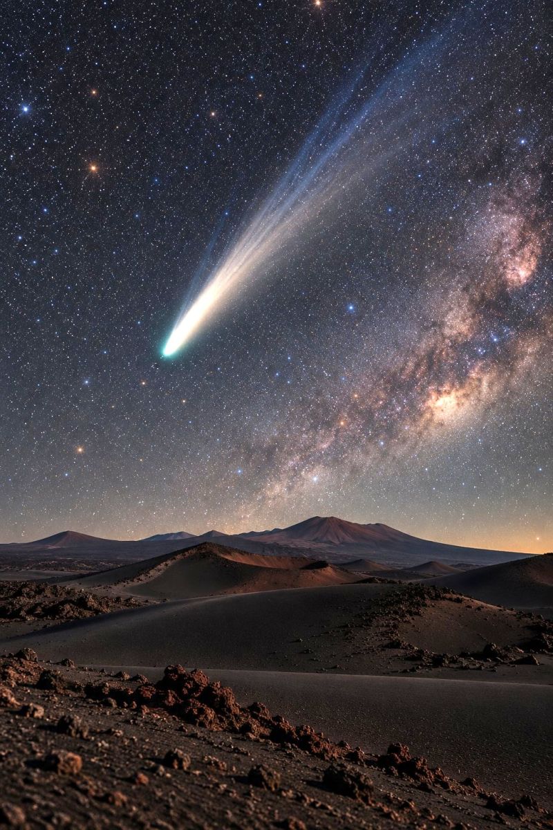 Night sky stars comet space astronomy universe dark meteor nighttime celestial cosmic cosmology galaxy starry outer shower ight sky filled with stars, with a prominent comet streaking across the sky. The comet has a bright, glowing head and a long, trailing tail. The sky is dark, with a few visible stars and a faint, milky way stretching across the horizon. Below the sky, there is a desert landscape with rocky hills and sand dunes. The scene is illuminated by the light of the stars and the comet, casting a soft glow on the landscape.