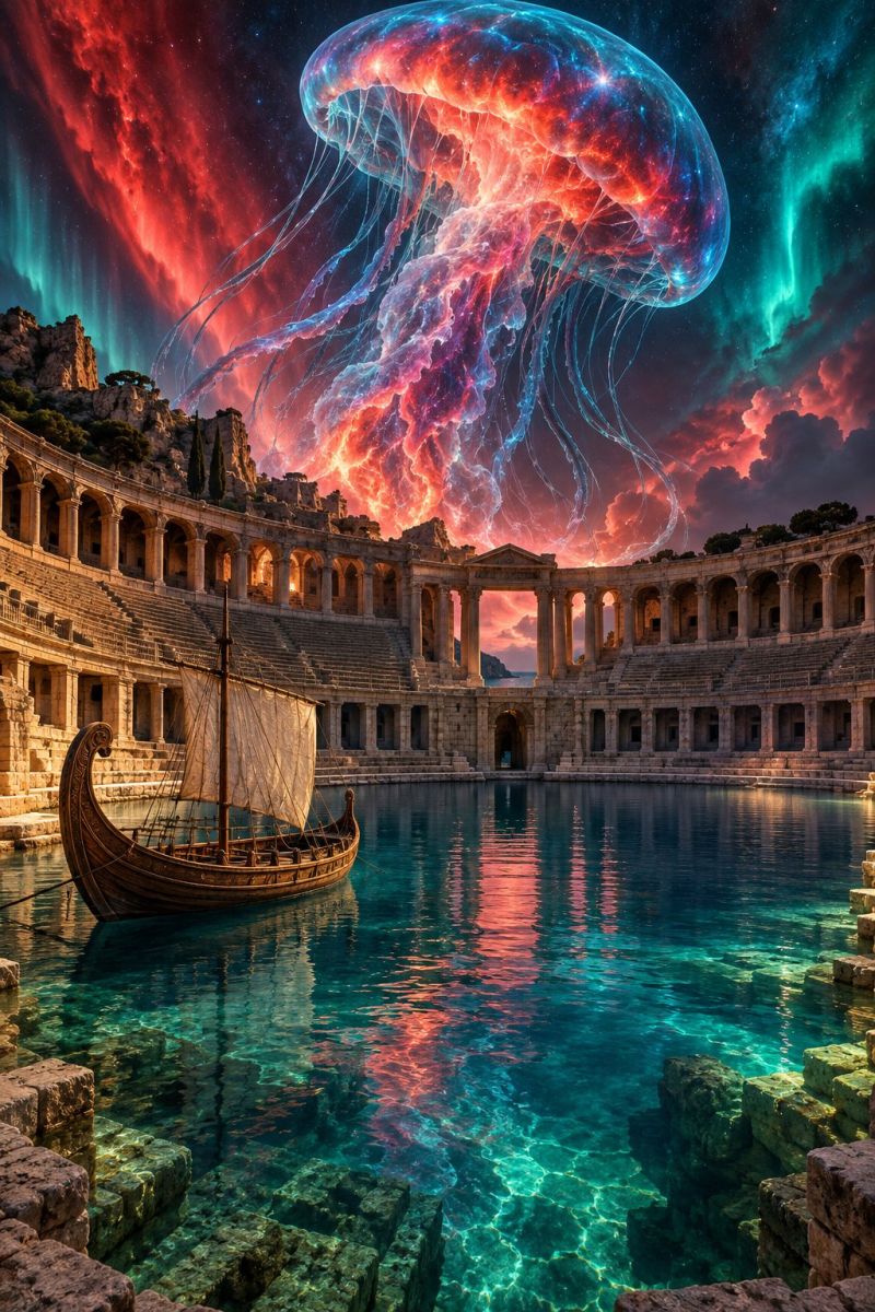 Architecture boat building city cloud colorful concept design fantasy fictional imagination imaginary medieval town village A large, vibrant jellyfish floats above an ancient amphitheater, its translucent body glowing with hues of red, purple, and blue. The sky behind it is a dramatic mix of fiery reds and greens, resembling a cosmic storm. The amphitheater, with its stone arches and steps, is set against a back of a serene, deep blue water body. A small, ancient-looking boat with a white sail is anchored in the water, reflecting the colors of the sky and jellyfish. The scene is set against a back of rocky cliffs and distant mountains, creating a mystical and otherworldly atmosphere.