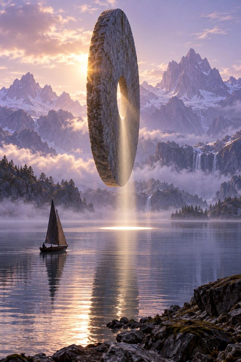 Bateau eau lac montagne ciel soleil nuage roche reflexion nature mer colline brouillard arbre foret coucher cascade chaine montagnes une grande formation rocheuse circulaire flotte au-dessus d'un lac paisible. La roche a un trou au centre et la lumière du soleil la traverse, projetant une lueur chaude sur l'eau en dessous. Un petit voilier avec une personne à bord navigue sur le lac, reflétant les couleurs du ciel et des montagnes environnantes. Les montagnes sont couvertes de neige et dégagent une atmosphère brumeuse. Au loin, il y a d'autres montagnes et une cascade qui descend du sommet. Le ciel est un mélange de teintes orange et rose, indiquant le lever ou le coucher du soleil.