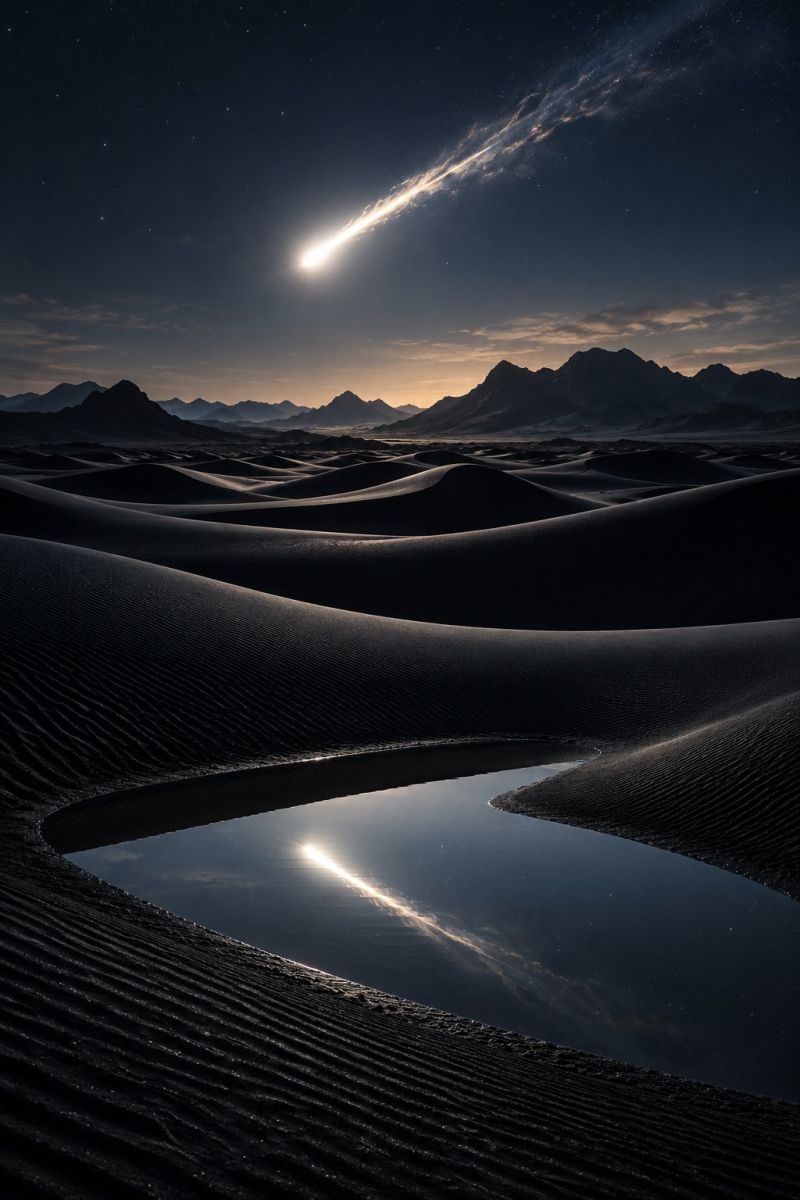 Desert nuit ciel meteore comete trainee reflexion eau montagne horizon sable dunes obscurite etoile astronomie espace meteorite Une scène nocturne met en scène un paysage désertique avec un grand ciel sombre rempli d'étoiles. Une comète ou un météore brillant et strié est visible, laissant une traînée de lumière lorsqu'il se déplace dans le ciel. Le désert est rempli de grandes dunes de sable sombre qui s'étendent au loin. Au premier plan, il y a une petite flaque d'eau réfléchissante qui reflète la lumière de la comète. L'horizon est bordé de silhouettes de montagnes et le ciel laisse entrevoir un soupçon de soleil couchant ou de lune montante, créant une lueur chaude et dorée.