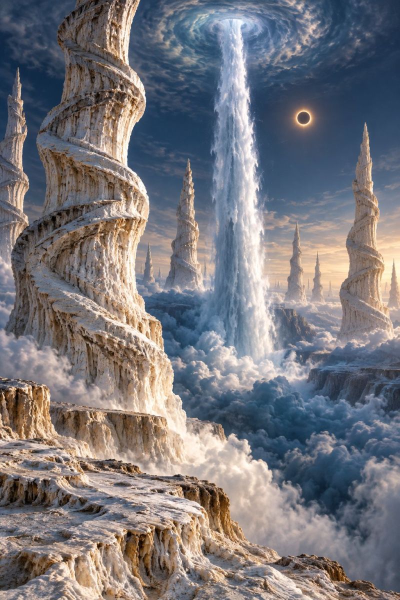 Sky water cloud mountain rock sun sunlight waterfall tower nature clouds sunrise sunset In the foreground, there is a large, spiral-shaped rock formation with a smooth, white surface. To the right of this formation, there is a tall, slender tower-like structure also made of white material. In the middle of the image, a massive waterfall cascades down from the sky, creating a cloud of mist that envelops the surrounding area. The sky above is a deep blue with scattered clouds, and there is a partial solar eclipse visible, where the moon partially covers the sun. The background features more of these unique, spiral-shaped rock formations and towers, all bathed in a soft, ethereal light.