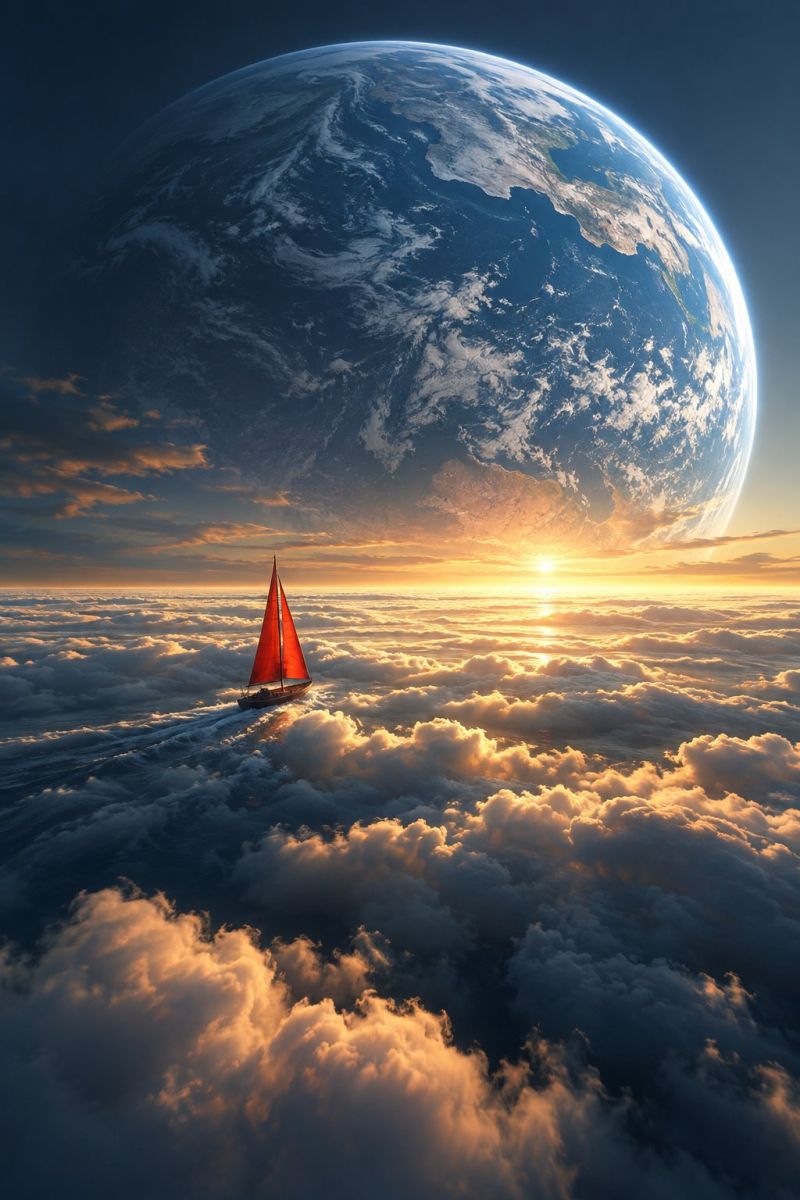 Bateau nuage nuages croisiere ocean voile mer eau vagues coucher soleil lever Un voilier à la voile rouge vif navigue dans une mer de nuages. Les nuages sont illuminés par le soleil couchant et projettent une lueur chaude sur eux. Le soleil lui-même est partiellement caché derrière les nuages, créant une atmosphère magnifique et sereine. À l'arrière-plan, la Terre est visible, avec ses teintes bleues et blanches, et les rayons du soleil qui la brillent. Le ciel est d'un bleu profond et la scène générale est paisible et apaisante.