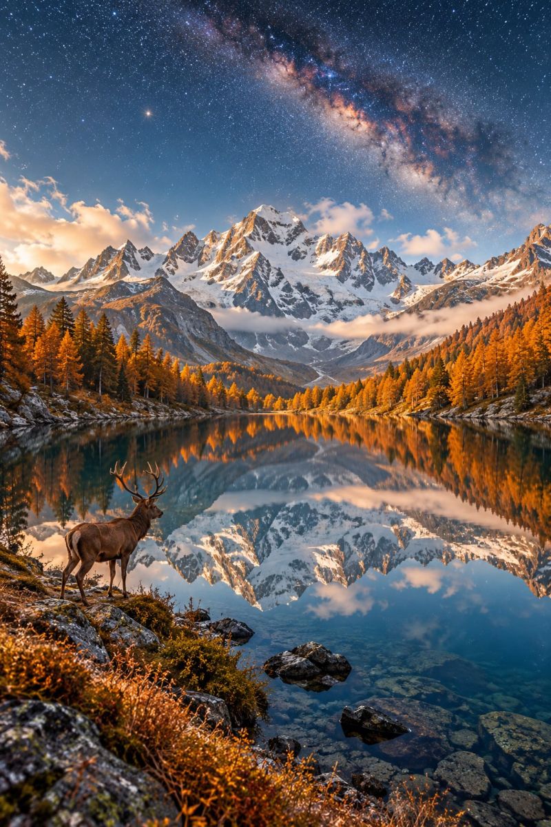 Mountain lake sky night reflection snow cloud tree forest deer wildlife nature outdoors autumn fall sunset horizon rock In the foreground, a deer with large antlers stands on the edge of a serene lake, gazing towards the majestic snow-capped mountains in the background. The lake's surface is a mirror, reflecting the vibrant orange and yellow hues of the autumn trees lining the shore, as well as the towering peaks and the starry night sky above. The sky is a deep blue, dotted with stars and a faint, glowing Milky Way stretching across it. The scene is bathed in the soft, warm light of the setting sun, casting a golden glow over the landscape.