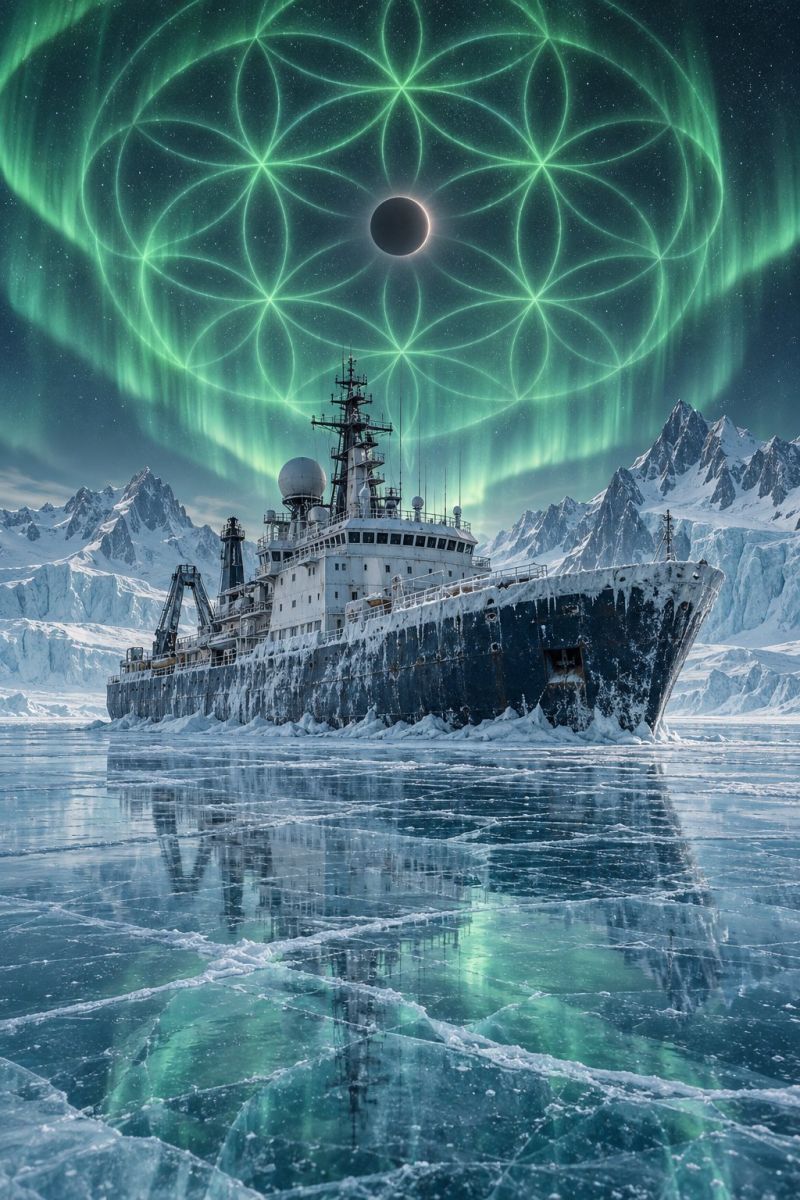 Ship ice water reflection sky aurora night dark space star cloud mountain winter cold polar exploration research science A large ship is sailing on a frozen sea with a reflection on the ice. The ship has a radar dome on top and a large antenna on the side. The ship is surrounded by a green circle with a black circle in the middle. The sky is filled with green lights, probably the Northern Lights, and a silhouette of a mountain range.