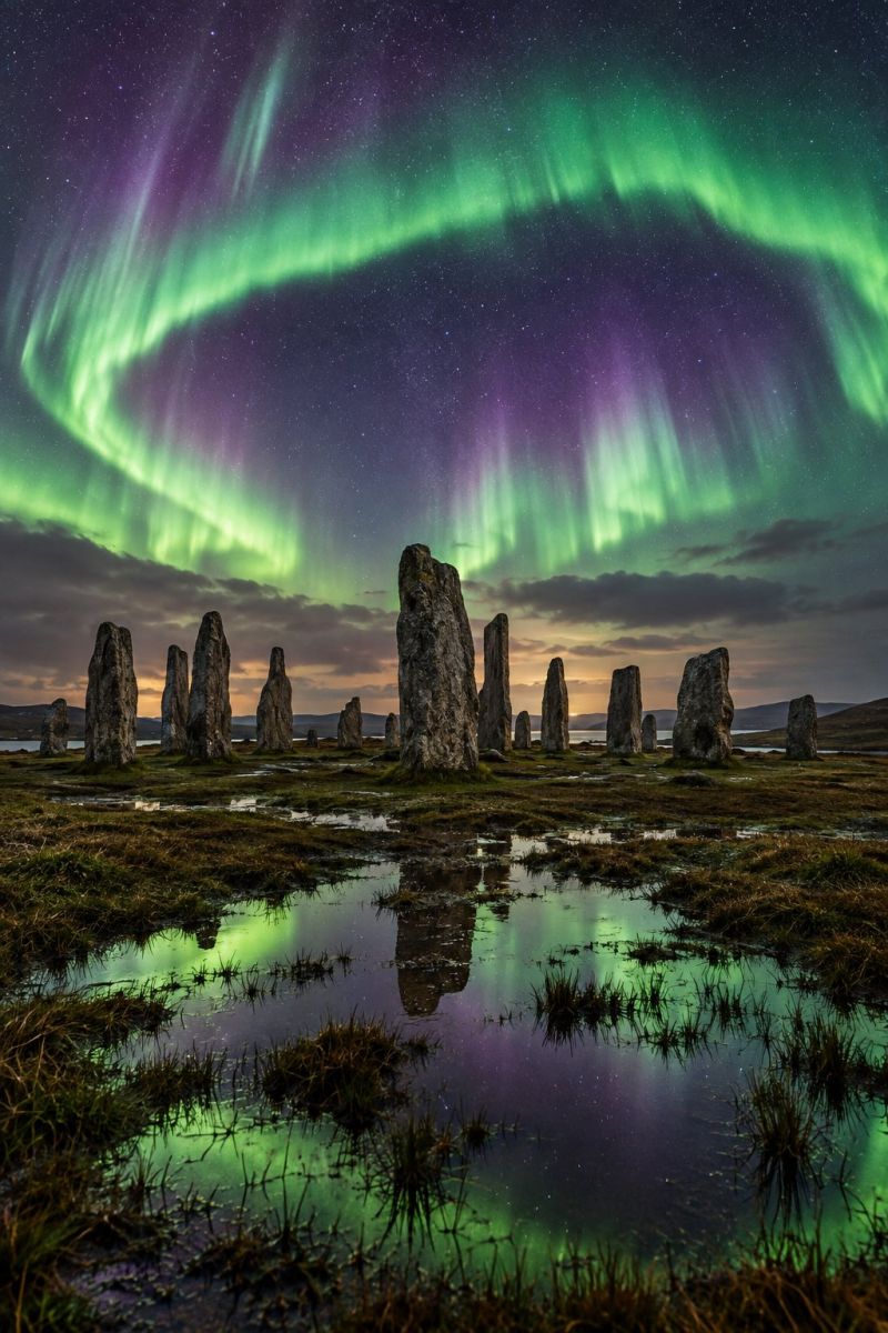 Etoiles reflet eau herbe rochers antiquite archeologie histoire mystique magique nature air voyage destination aurore boreale nordique nuit ciel pierr L'image capture une scène nocturne époustouflante mettant en scène des aurores boréales, ou aurores boréales, illuminant le ciel de teintes vertes et violettes éclatantes. L'aurore forme un arc de cercle au-dessus d'un paysage dominé par un anneau de pierres dressées, qui rappelle un cercle de pierres préhistorique. Les pierres sont hautes et régulièrement espacées, projetant de longues ombres sur le sol. Le premier plan est une zone humide et herbeuse avec des flaques d'eau reflétant les couleurs des aurores, créant une atmosphère magique et sereine. Au loin, on aperçoit une silhouette de montagnes et un plan d'eau, ce qui ajoute à la dimension mystique de la scène.