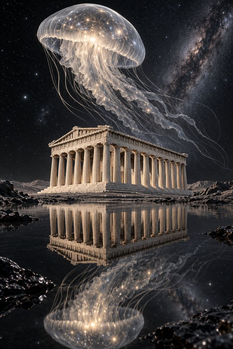 Architecture astronomy building classical temple large, glowing jellyfish floating above a classical temple, which is reflected in the water below. The temple has a grand, columned facade and is set against a back of a starry night sky with a visible galaxy. The jellyfish is transparent with a glowing, ethereal quality, and its tentacles extend gracefully downwards. The water is calm, and the reflection of the temple and jellyfish is clear, adding to the surreal and mystical atmosphere of the scene.