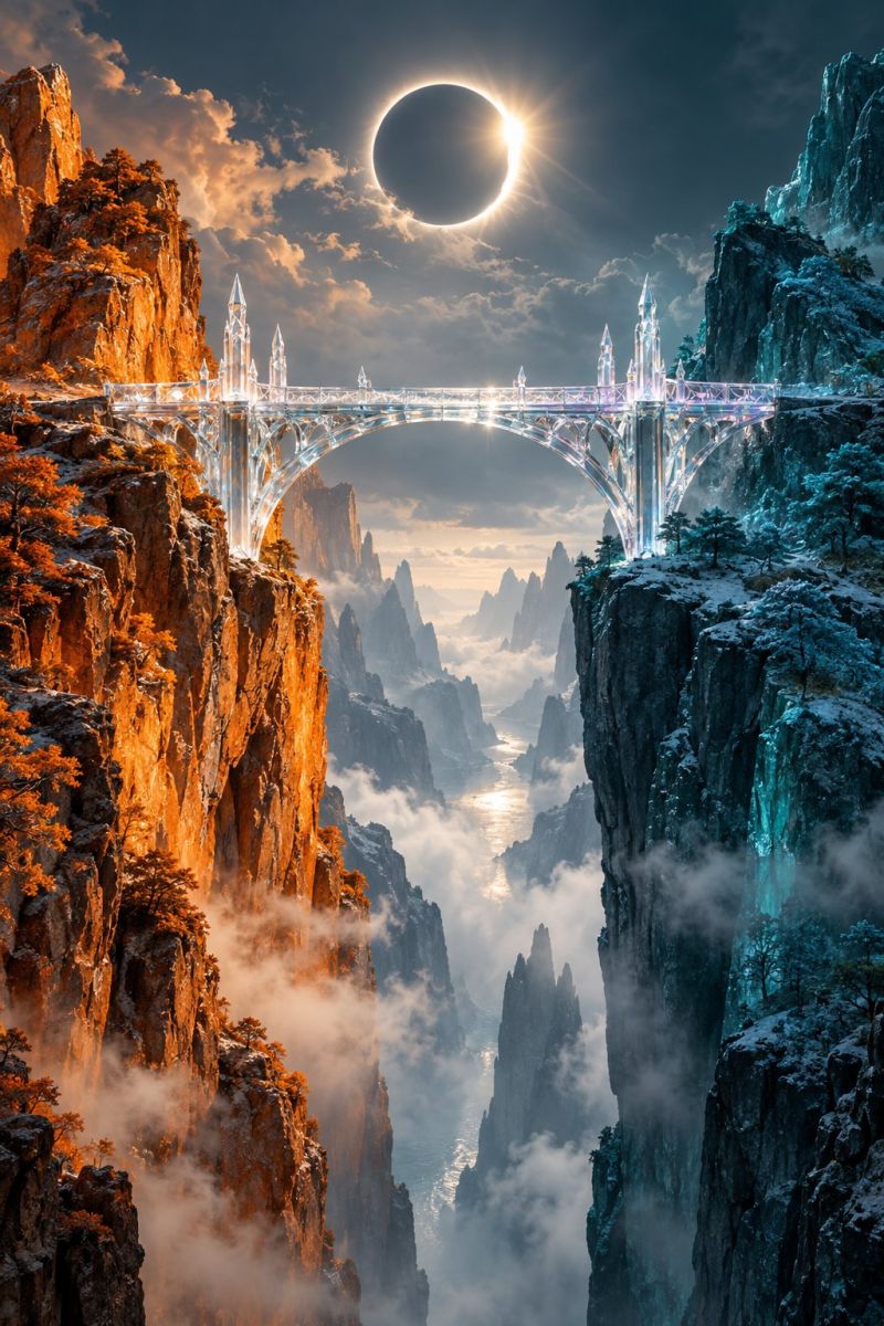 Pont chateau falaise nuage nuages jour fantaisie brouillard foret colline imaginaire montagne montagnes rocher ciel neige soleil coucher tour Un pont fait d'un matériau semblable à du cristal traverse une vallée profonde entre deux falaises imposantes. Le pont possède une série d'arches et de tours aux sommets pointus, ce qui lui donne un aspect de conte de fées. Les falaises de chaque côté sont abruptes et rocheuses, avec un côté recouvert de neige et l'autre de feuillage automnal. Le ciel au-dessus est un mélange d'orange et de bleu, avec une grande lune noire partiellement éclipsée par le soleil, créant une atmosphère dramatique et mystique.