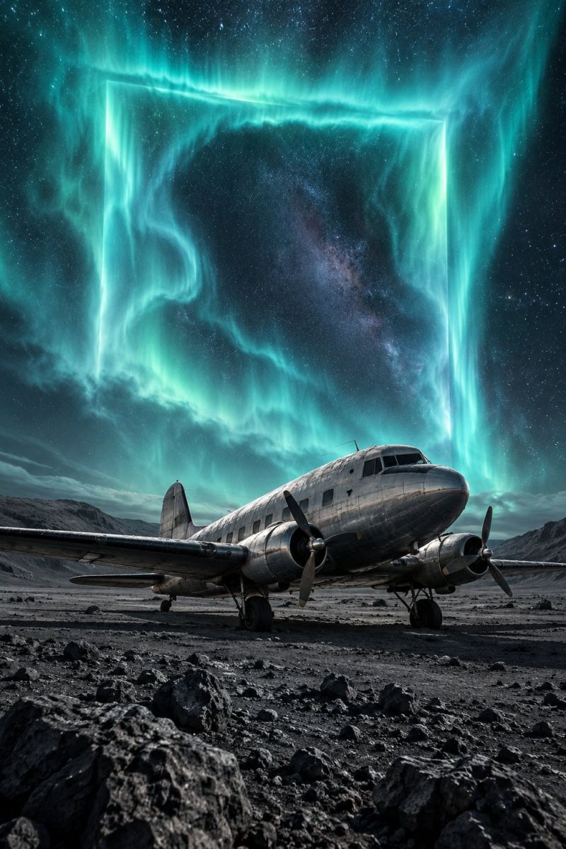 Avion aurore aviation nuage obscurite desert terre moteur vol sol jet nuit helice rocher ciel Un vieil avion est garé sur une surface rocheuse sous un ciel nocturne rempli d'étoiles et de la Voie lactée. L'avion a deux hélices de chaque côté et est orienté vers la gauche. Le ciel est illuminé par les aurores boréales, dont les lumières vertes et bleues forment une forme carrée au-dessus de l'avion. L'ombre de l'avion est projetée sur le sol et les rochers sont éparpillés autour de celui-ci.